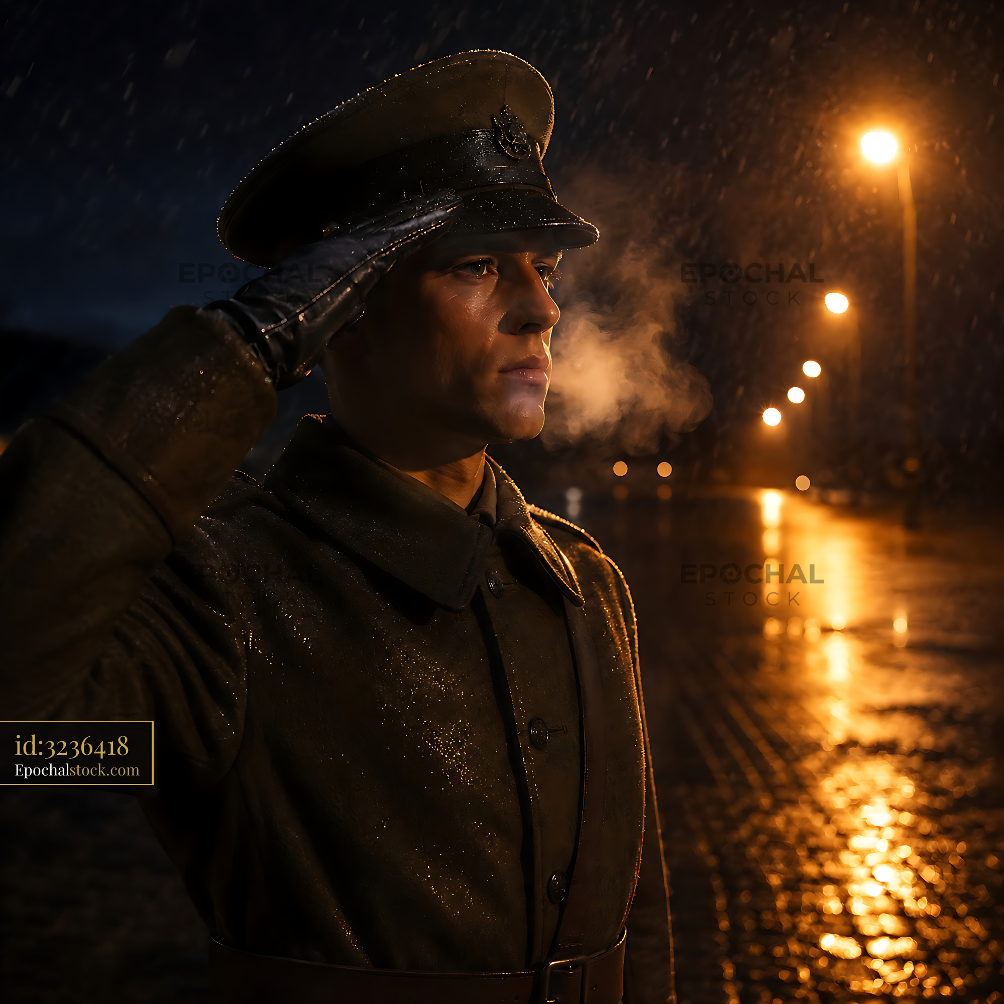 Watermarked full-resolution preview of Soldier saluting in the rain on a dimly lit street