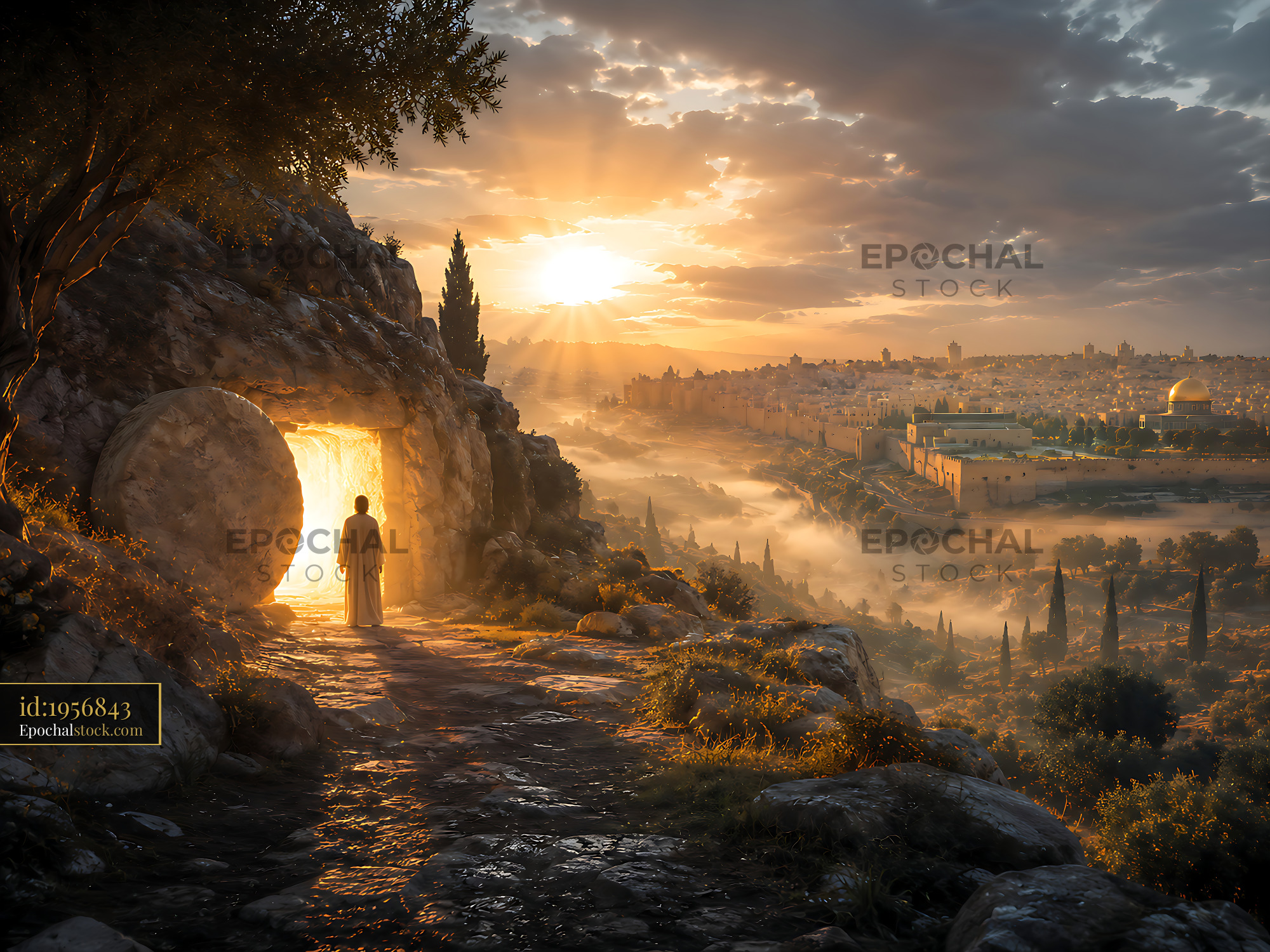 Watermarked full-resolution preview of Sunrise over a stone doorway in a mountainous landscape