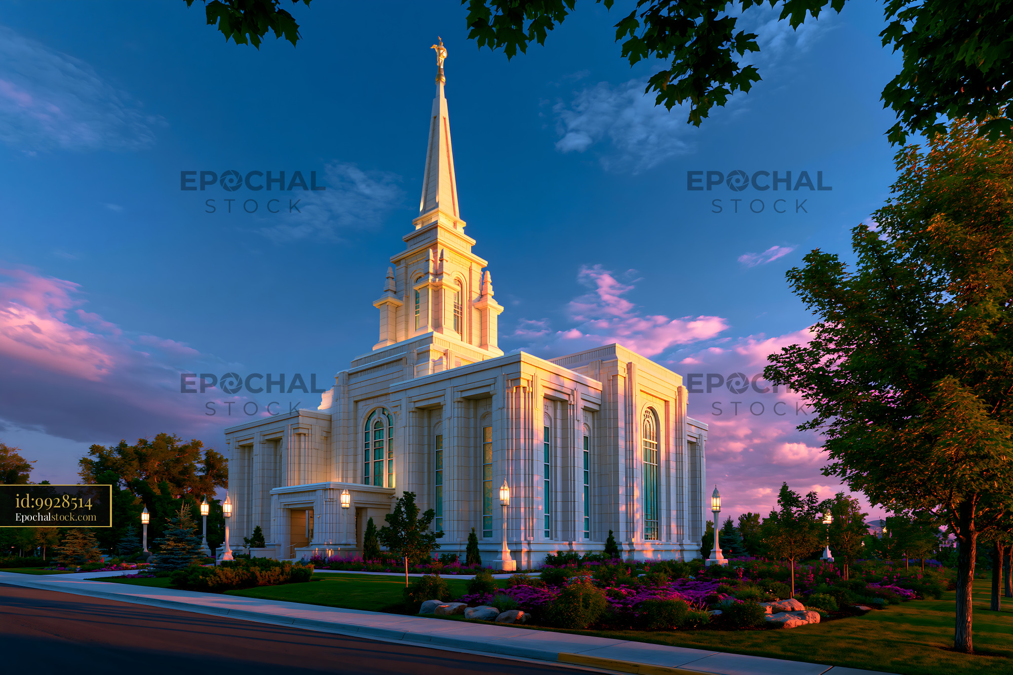 Watermarked full-resolution preview of Church building under a clear blue sky with colorful clouds