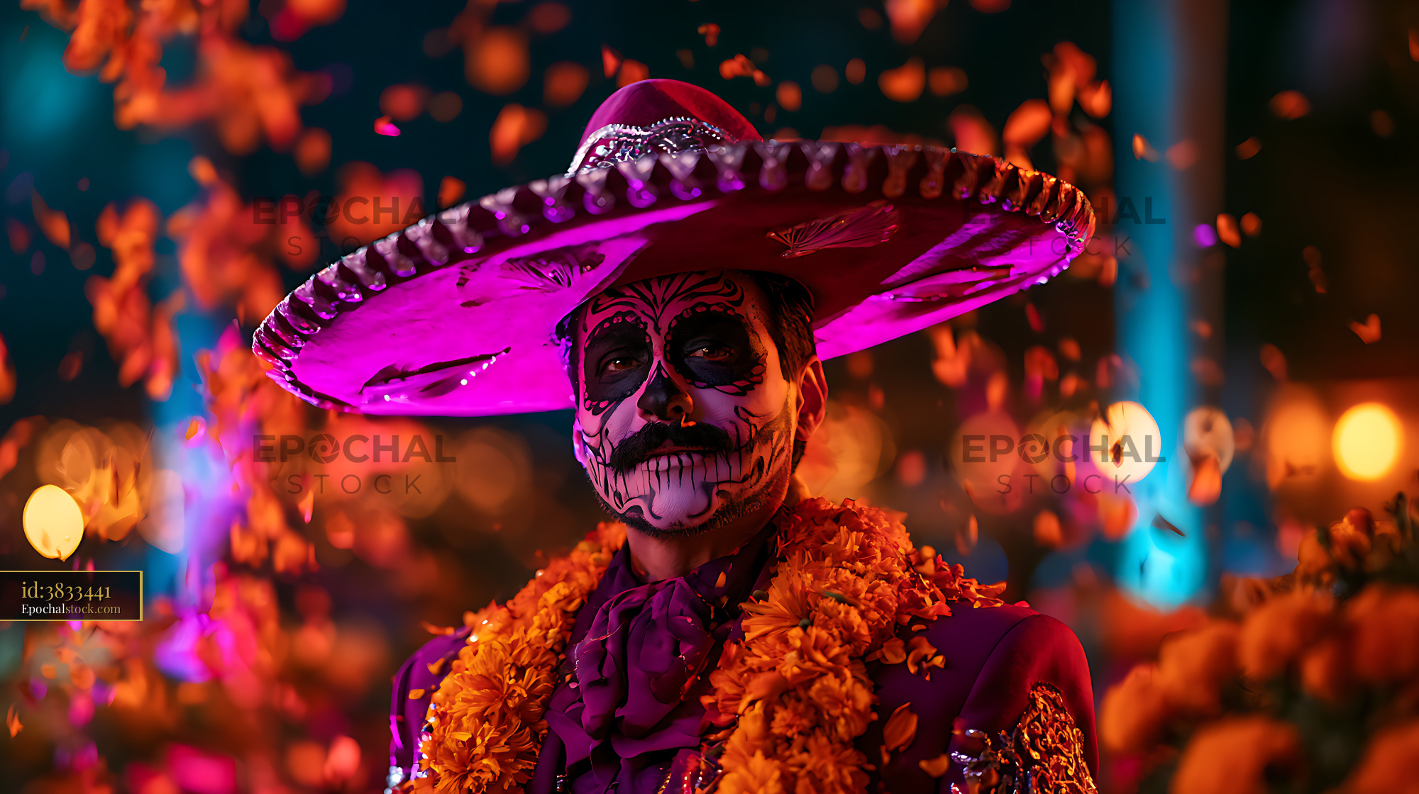 Watermarked full-resolution preview of Colorful portrait with skull face paint and marigold garlands