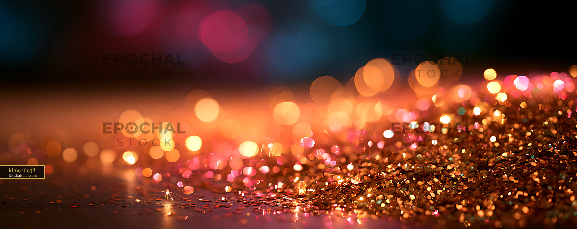 Watermarked full-resolution preview of Colorful glowing bokeh lights reflecting on a dark surface