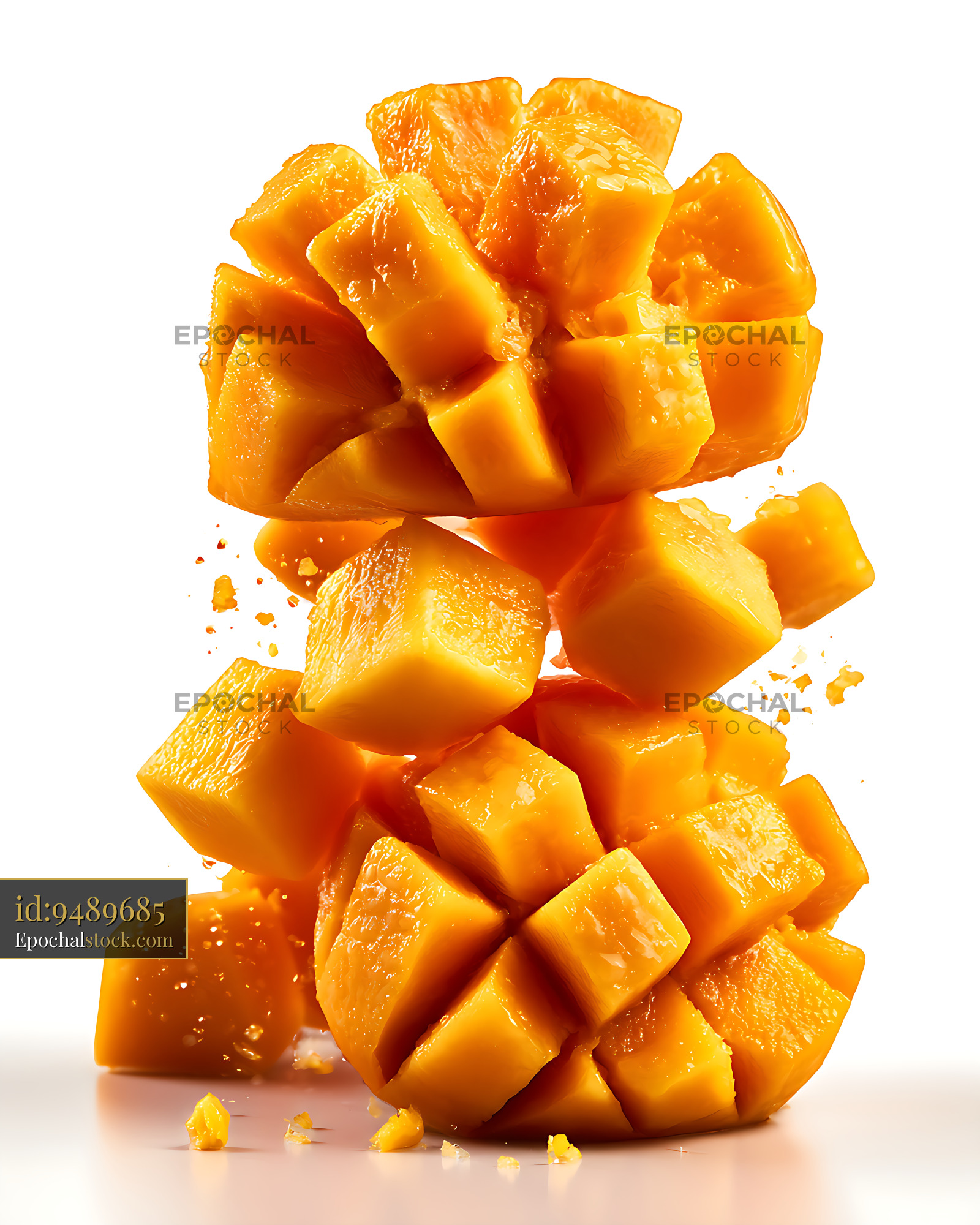 Watermarked full-resolution preview of Glossy orange fruit cubes stacked on a reflective white surface