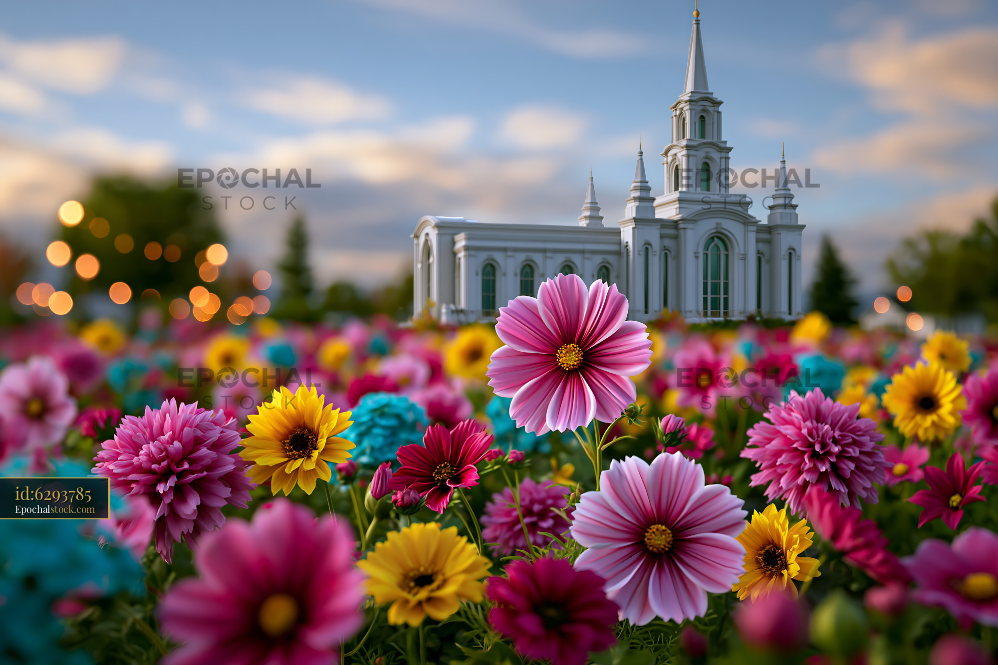 Watermarked full-resolution preview of Colorful flowers in front of a church at sunset time