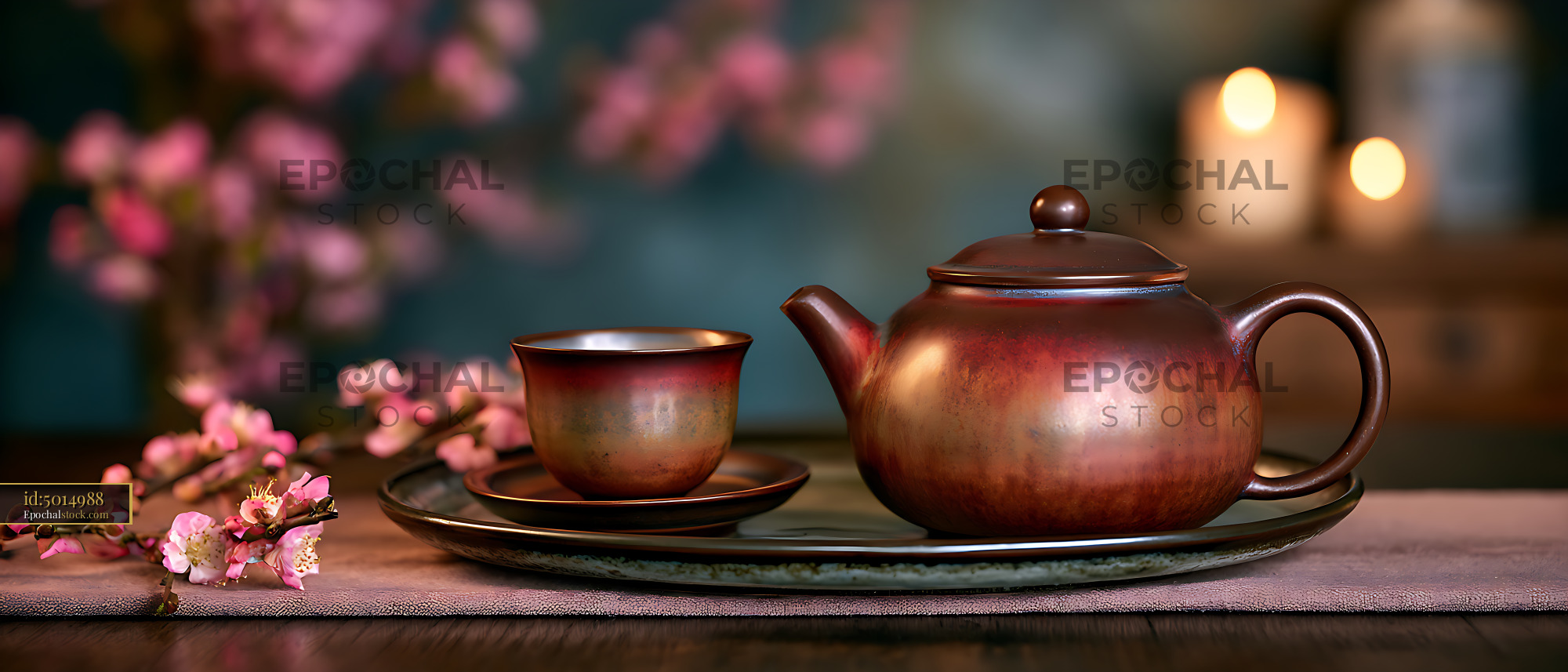 Watermarked full-resolution preview of Copper teapot and cup with blossoms in candlelight