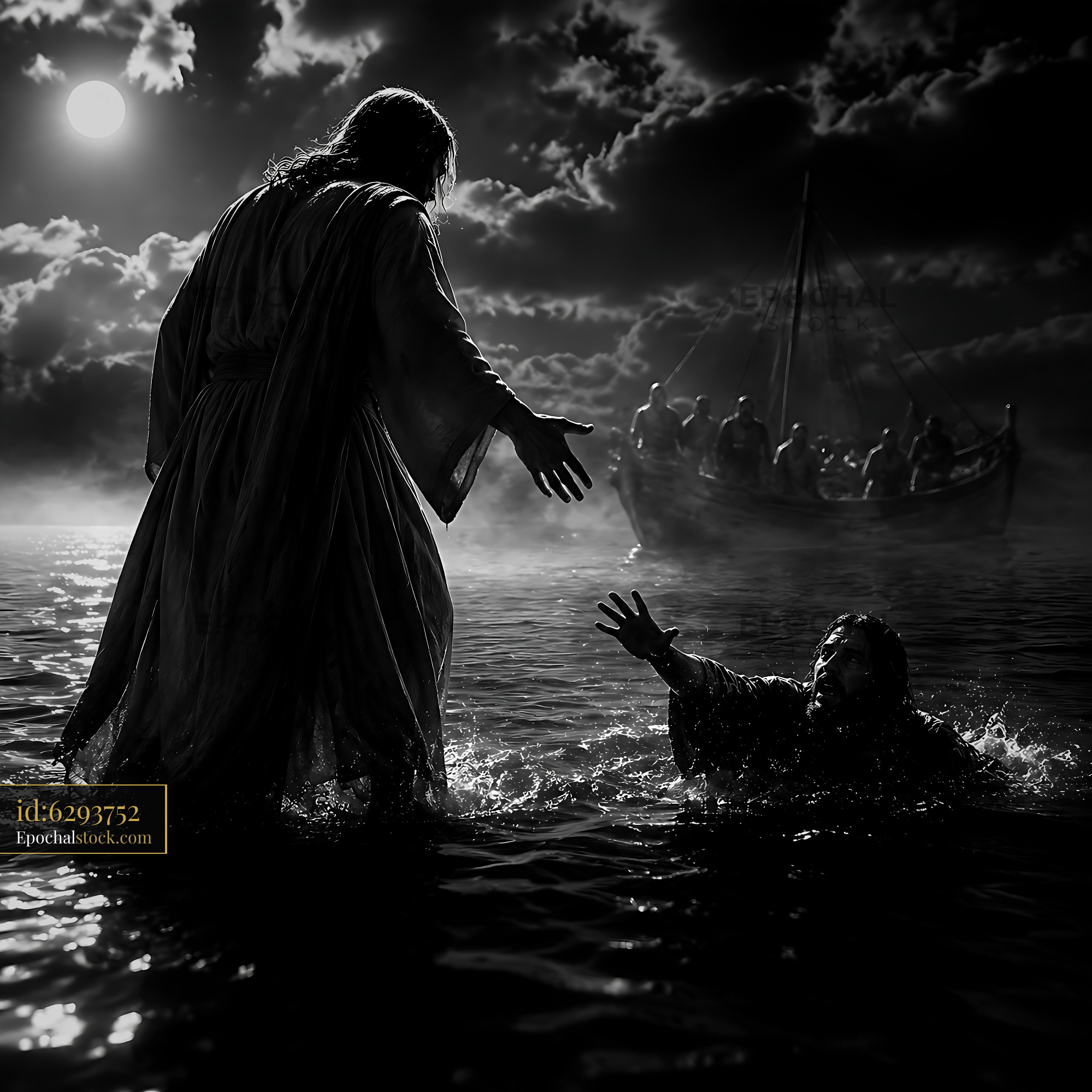 Watermarked full-resolution preview of Man reaches out to another in dark water with a boat nearby