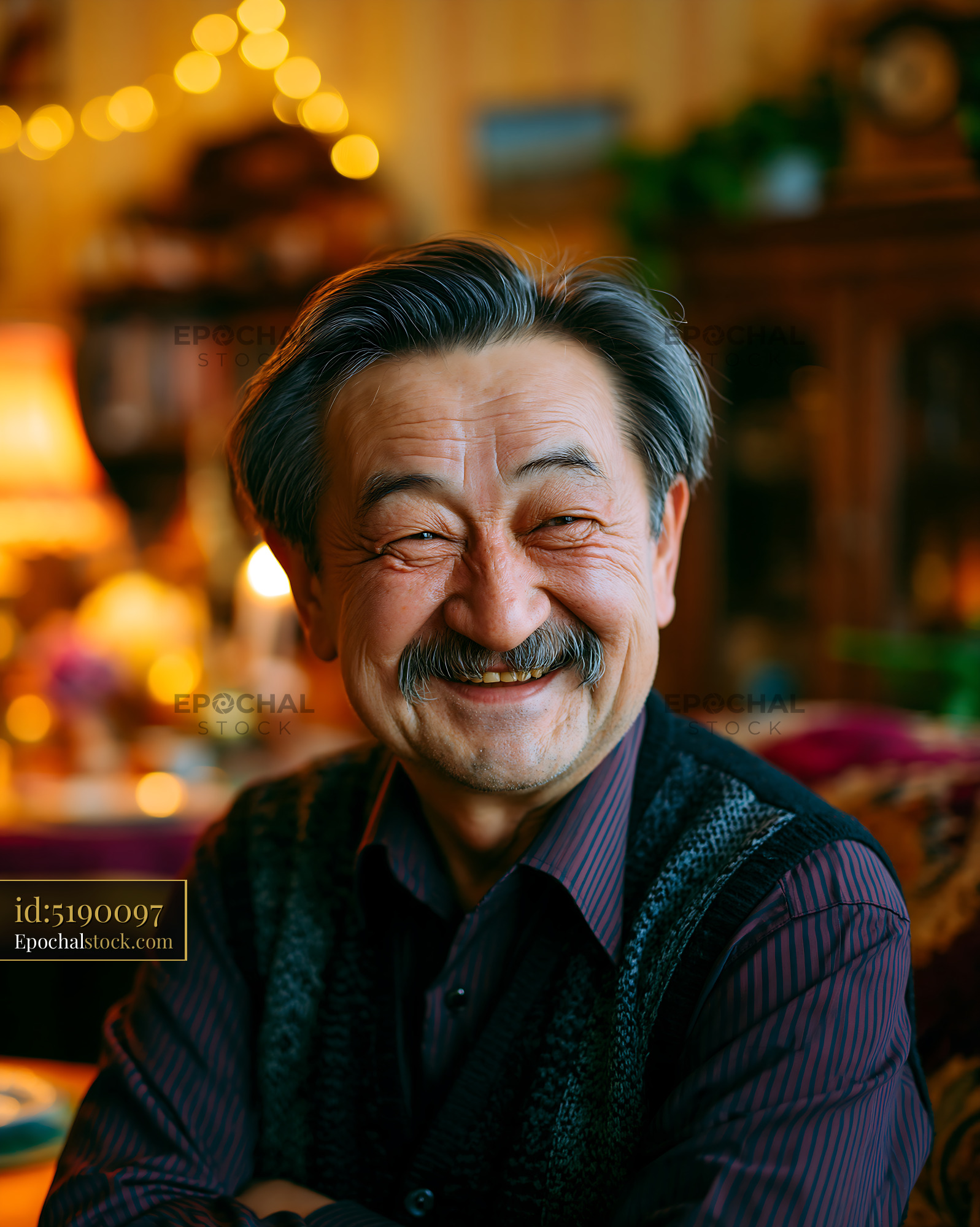 Watermarked full-resolution preview of Elderly man smiling in a cozy indoor setting