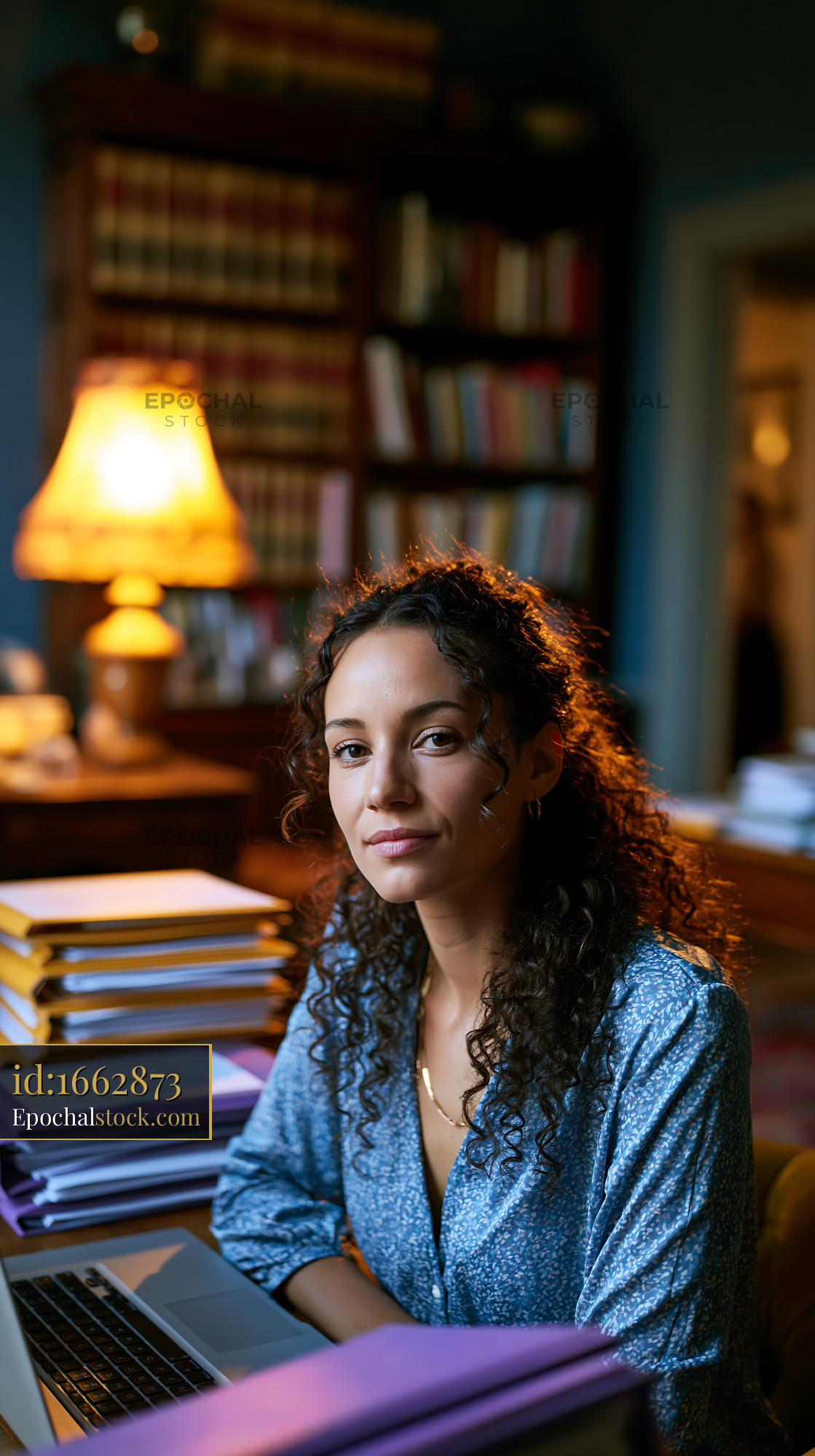 Watermarked full-resolution preview of Woman sitting at desk in library with laptop and files