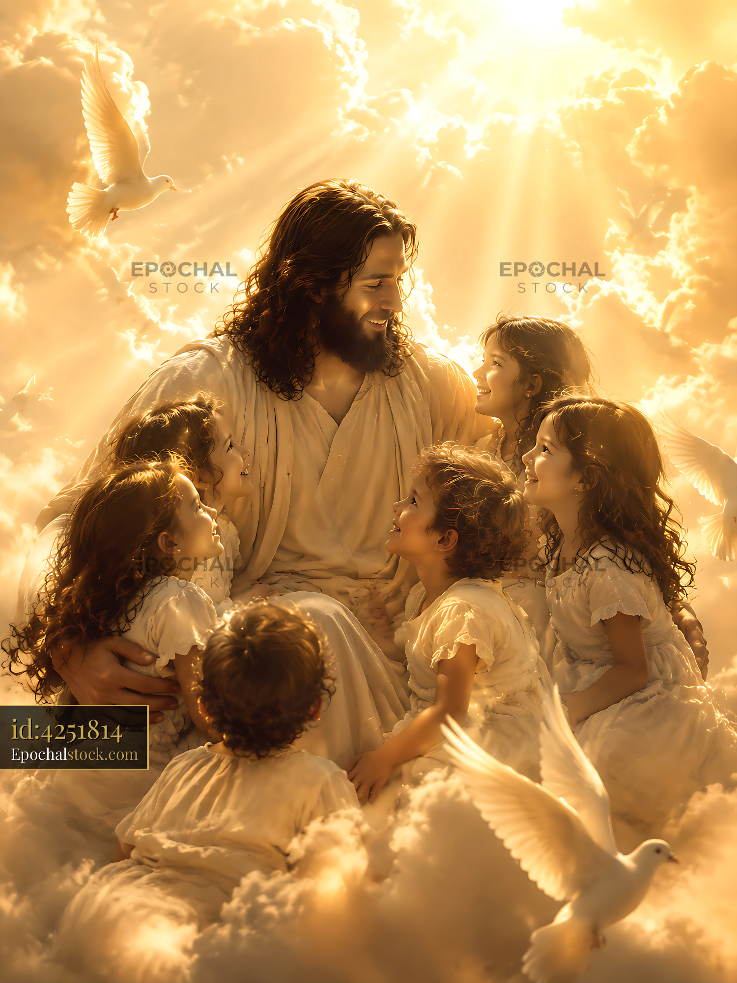 Watermarked full-resolution preview of Jesus surrounded by children in a cloud setting