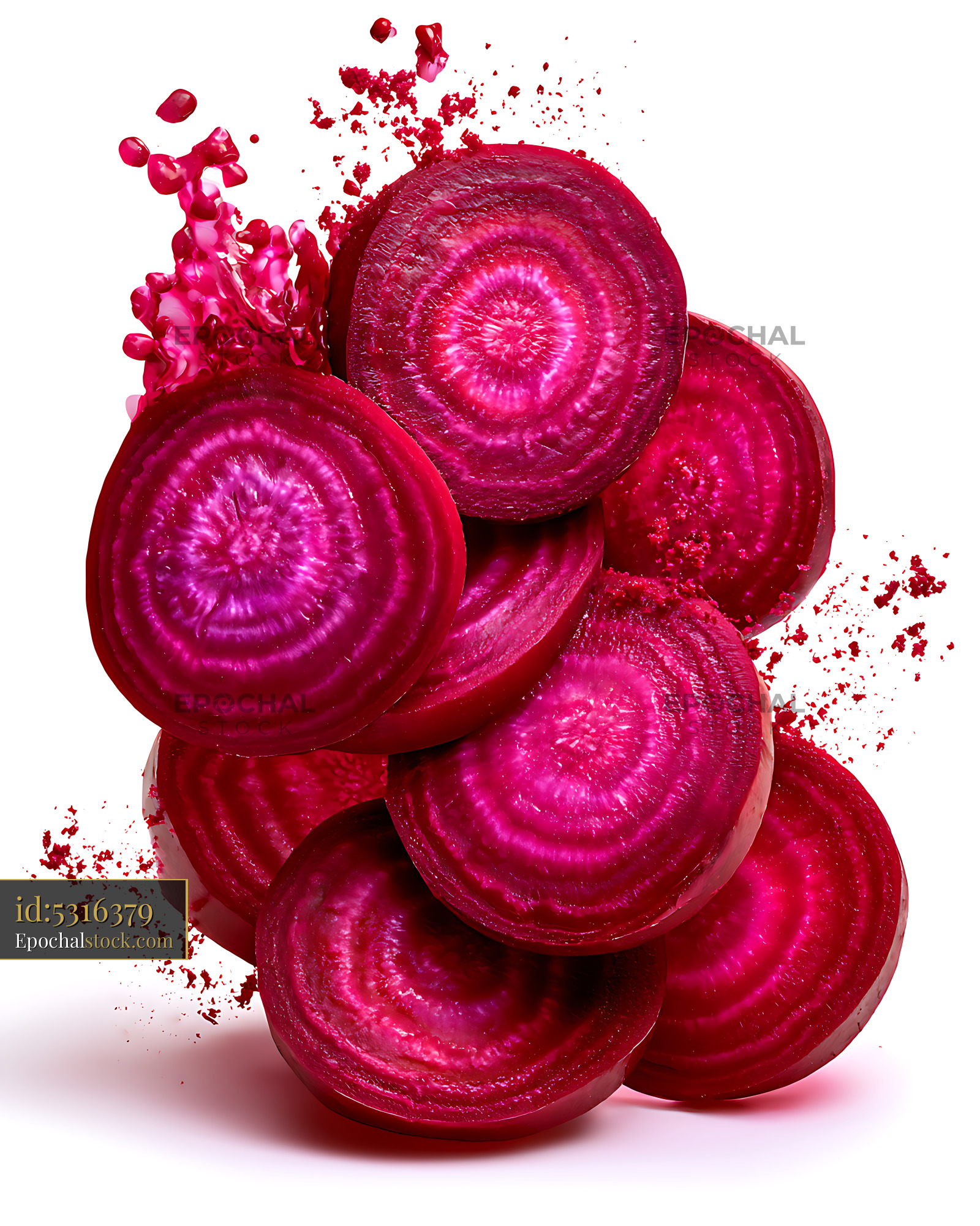 Watermarked full-resolution preview of Vivid sliced beetroot with dynamic juice splash