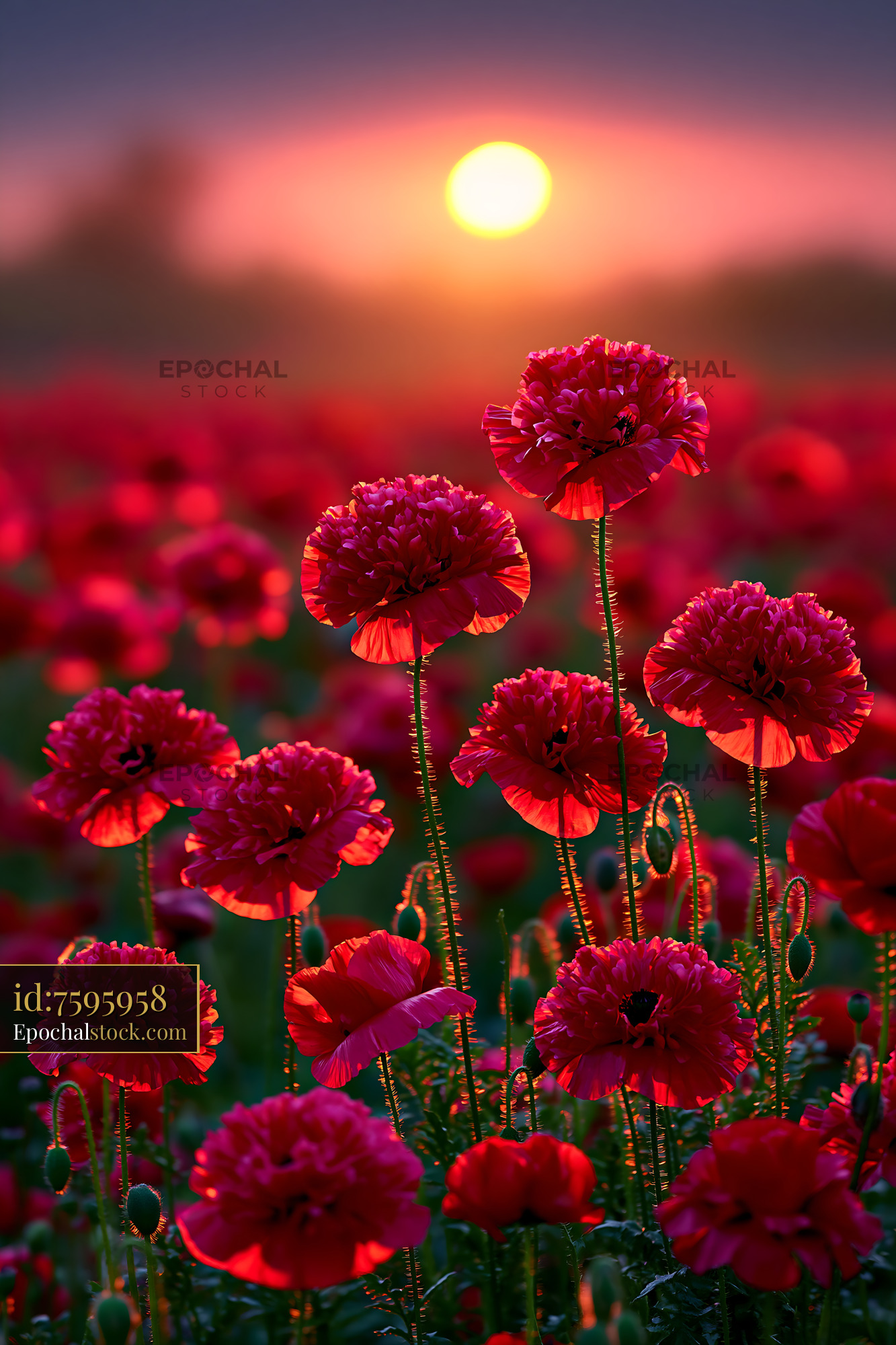Watermarked full-resolution preview of Poppy flowers blooming at sunset in a vibrant field