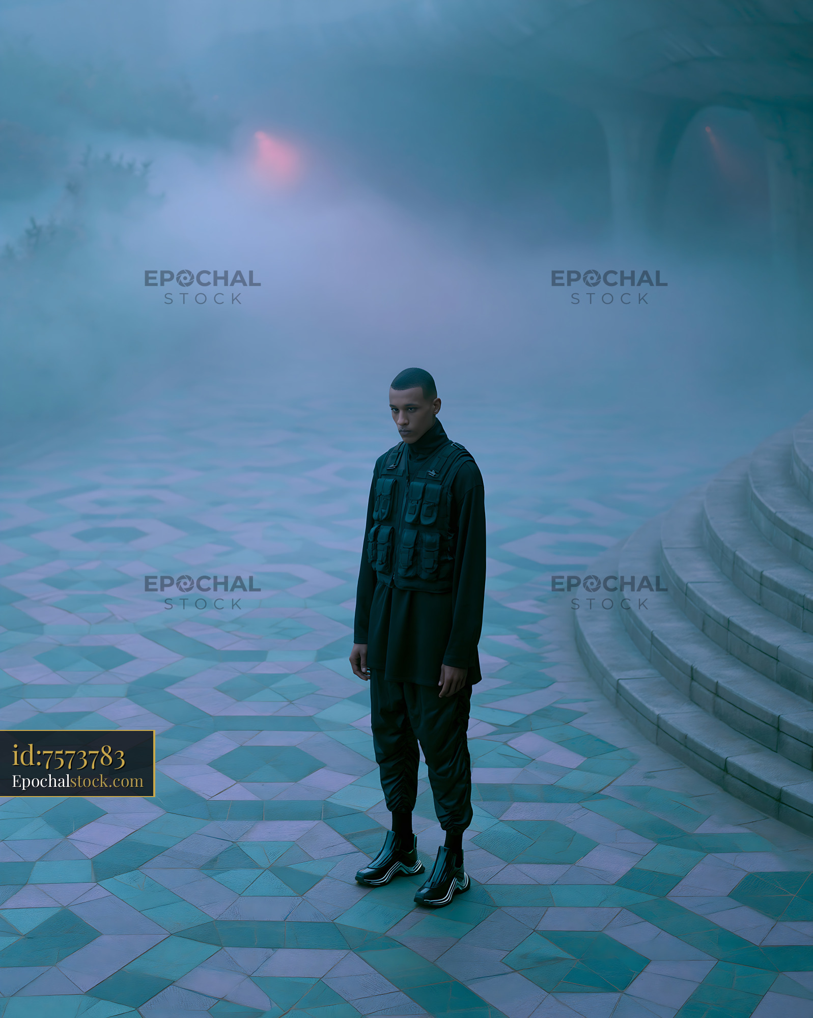 Watermarked full-resolution preview of Model stands in foggy setting with patterned floor and stairs