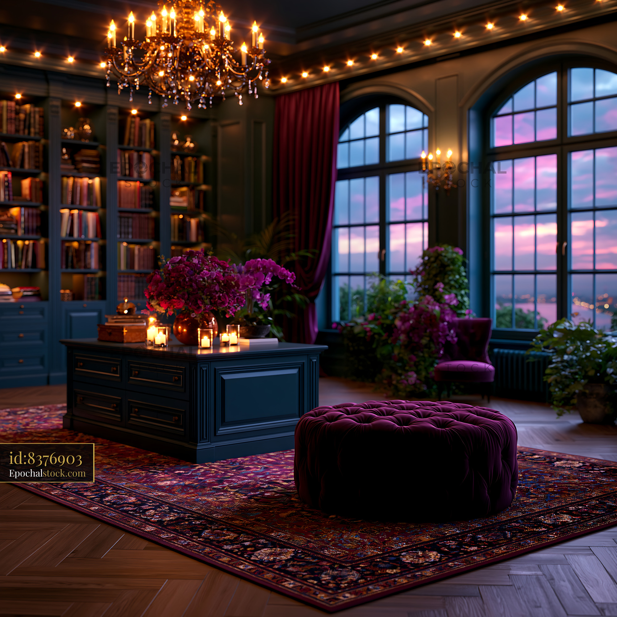Elegant Interior Space With Bookshelves and Sunset View — stock example for Imagen 4 Fast solution examples