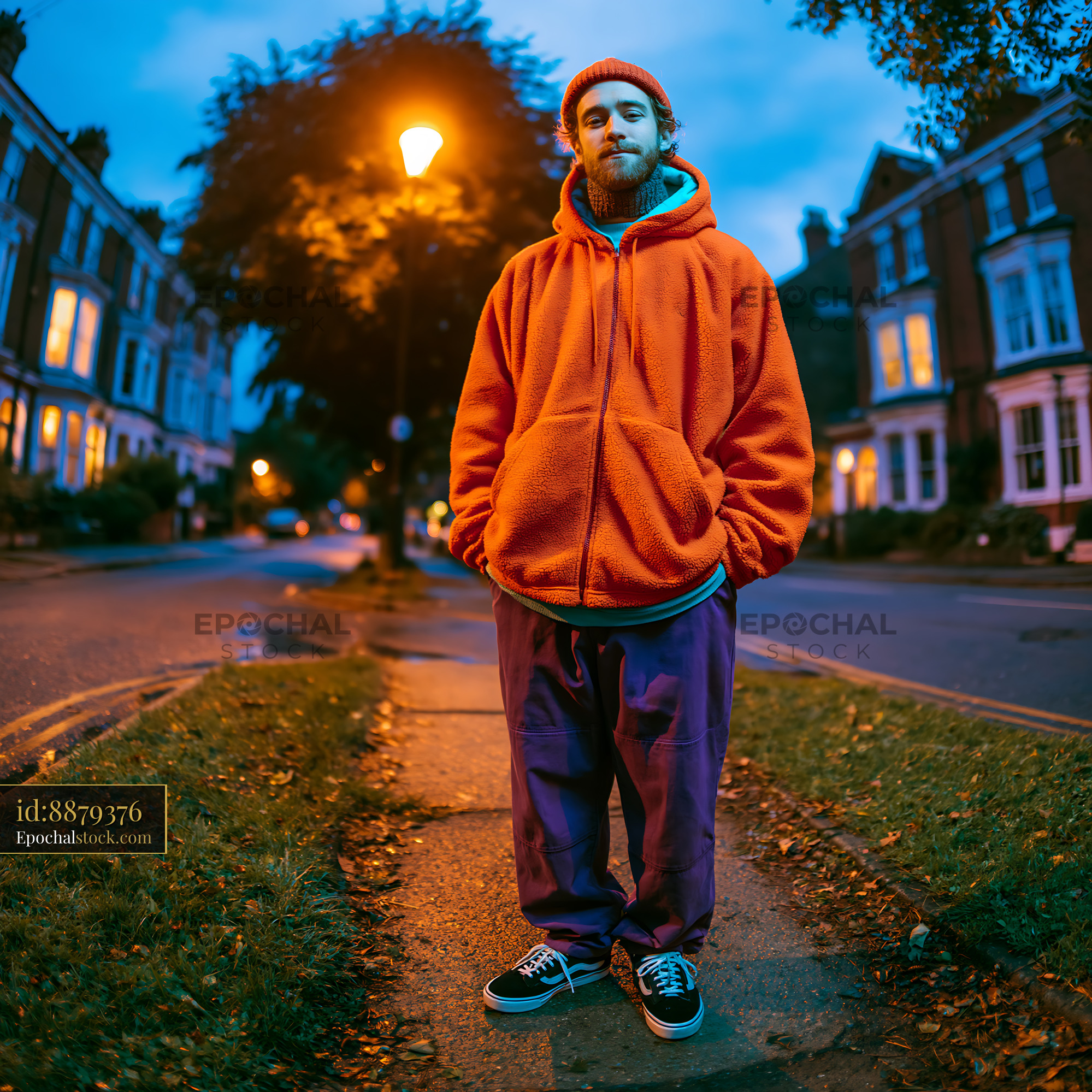 Watermarked full-resolution preview of Young man in orange sweater standing on street at dusk