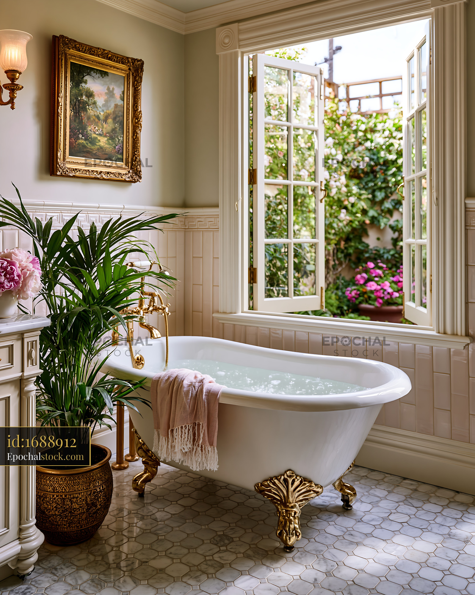 Watermarked full-resolution preview of Classic bathroom with freestanding tub and garden view