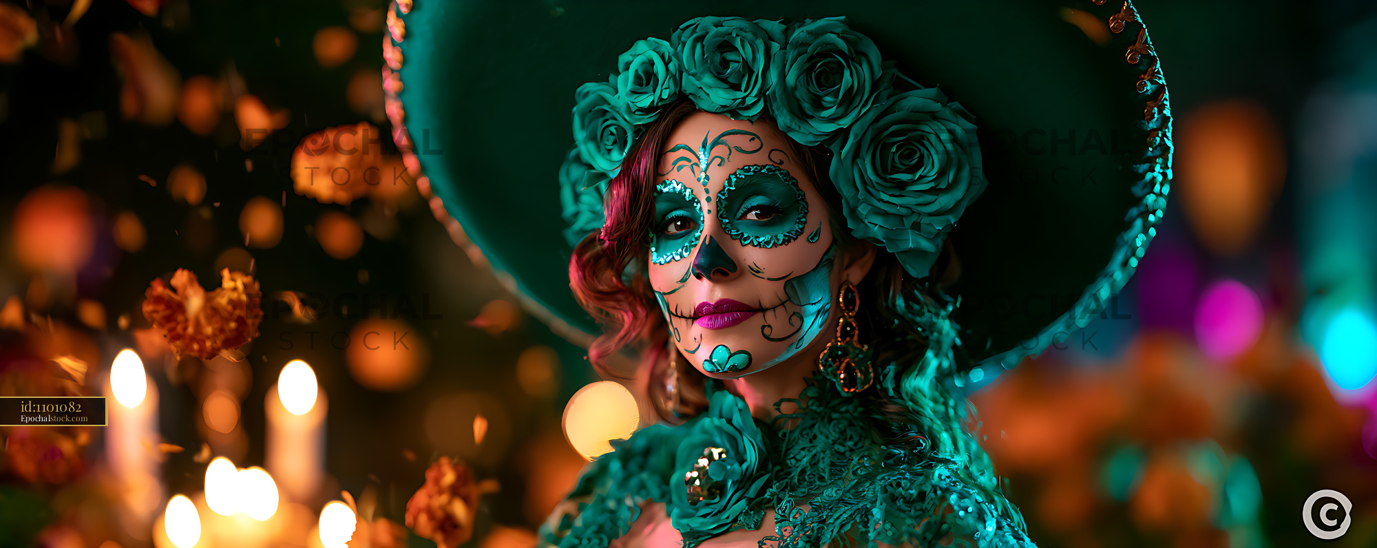 Watermarked full-resolution preview of Portrait of woman wearing colorful sugar skull makeup