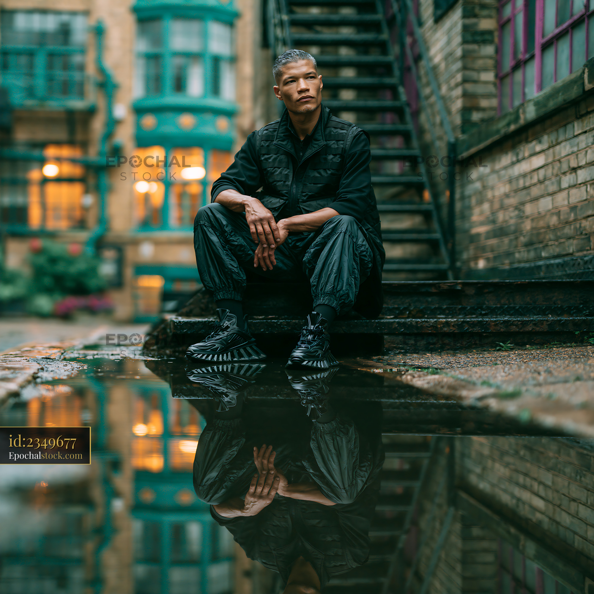 Watermarked full-resolution preview of Man sitting by a puddle on a city street with green buildings