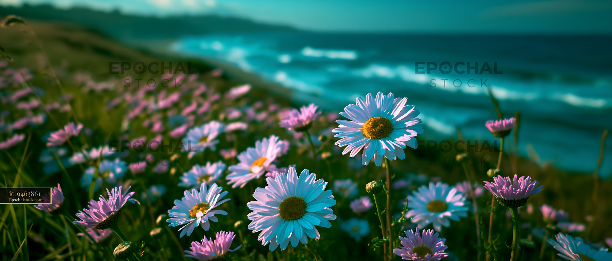 Watermarked full-resolution preview of Wildflowers by the ocean at sunset