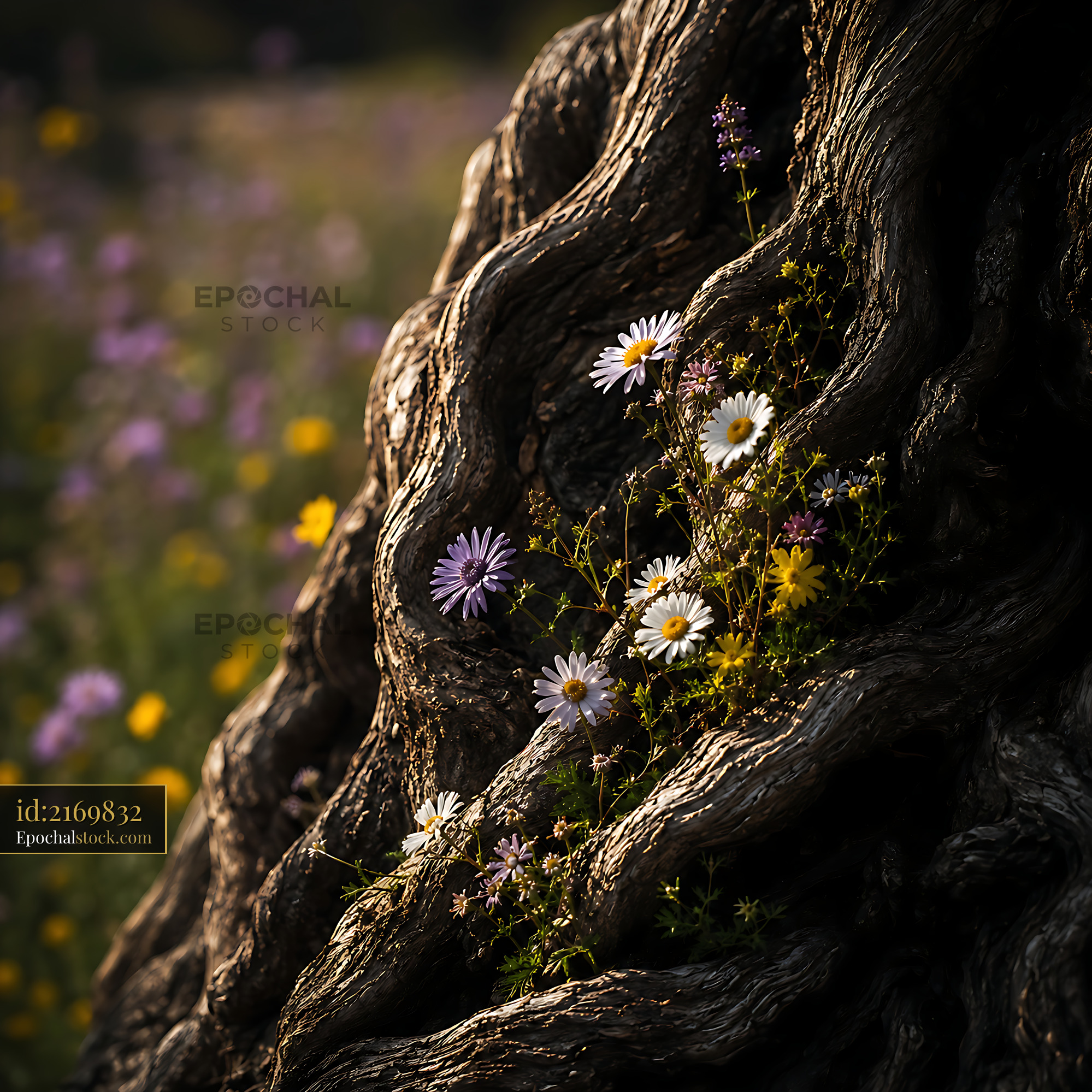 Watermarked full-resolution preview of Flowers growing from a twisted tree trunk in a meadow