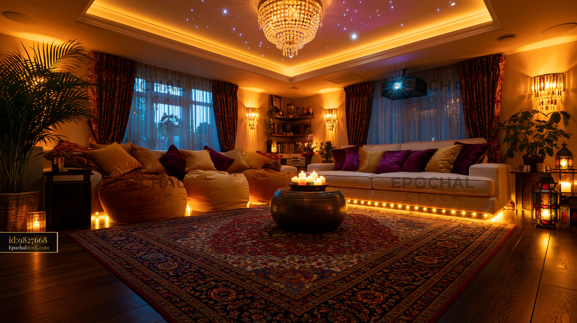Watermarked full-resolution preview of Elegant living room illuminated by chandelier and candlelight