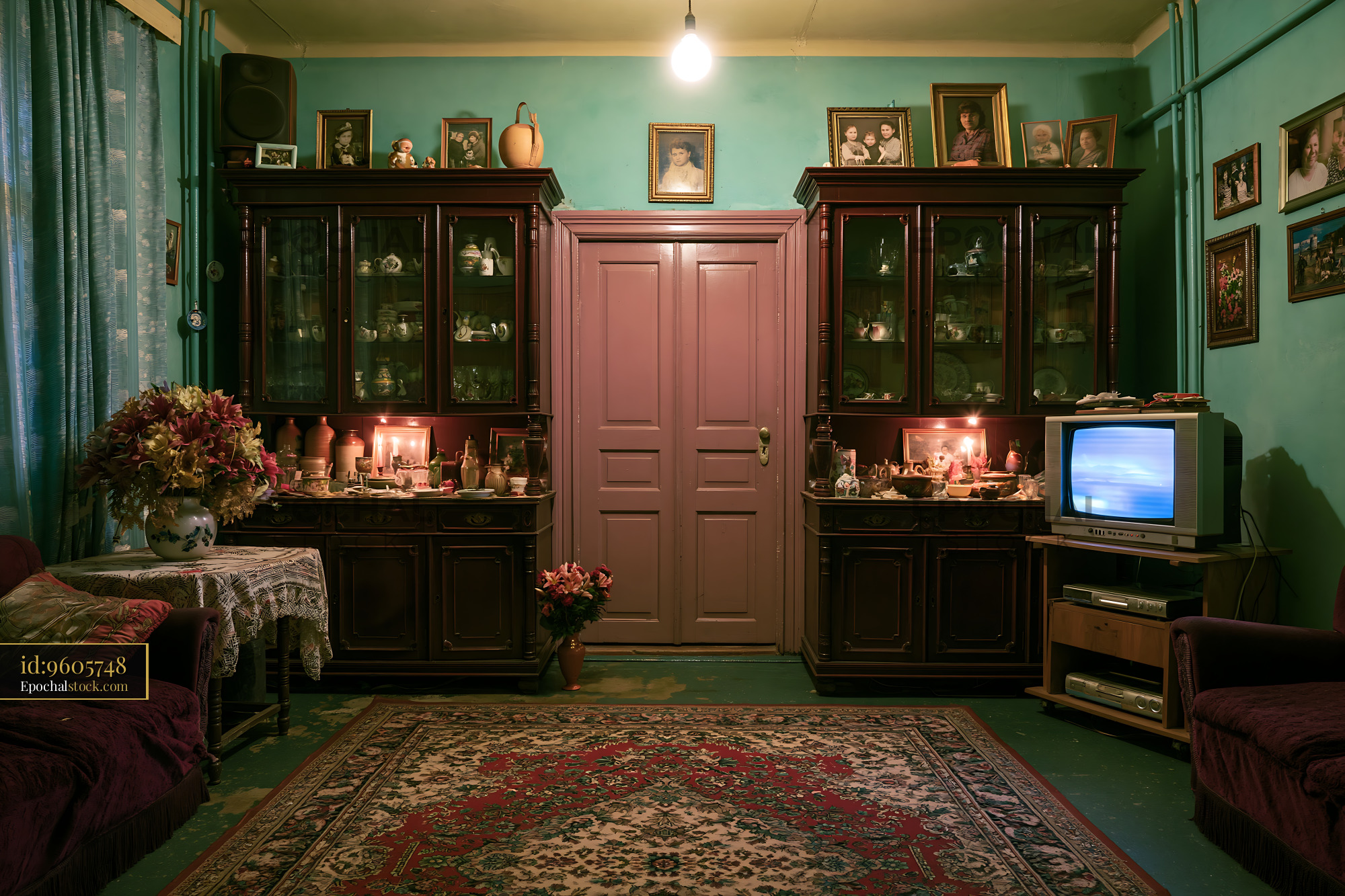 Watermarked full-resolution preview of Cozy living room with vintage furniture and decor