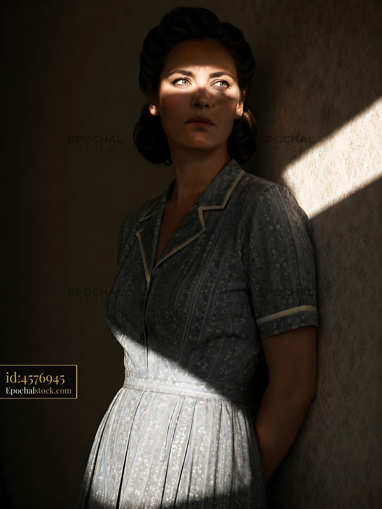 Watermarked full-resolution preview of Woman in vintage dress near wall with sunlight streaming