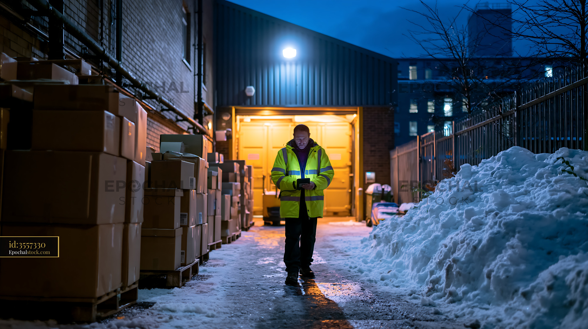 Watermarked full-resolution preview of Worker in safety vest stands in snowy alley by warehouse door