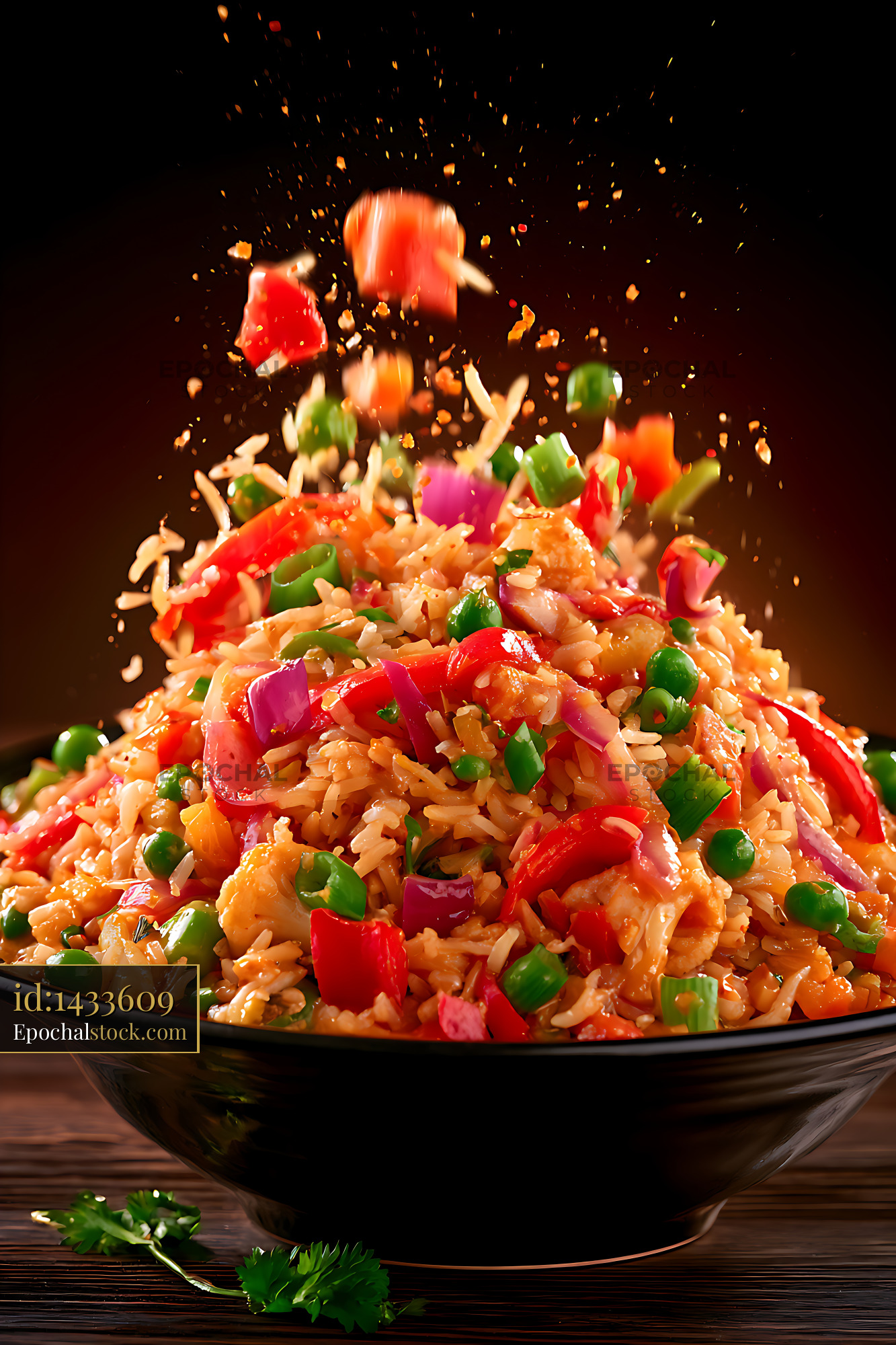 Watermarked full-resolution preview of Vibrant rice and vegetable bowl in dynamic splash