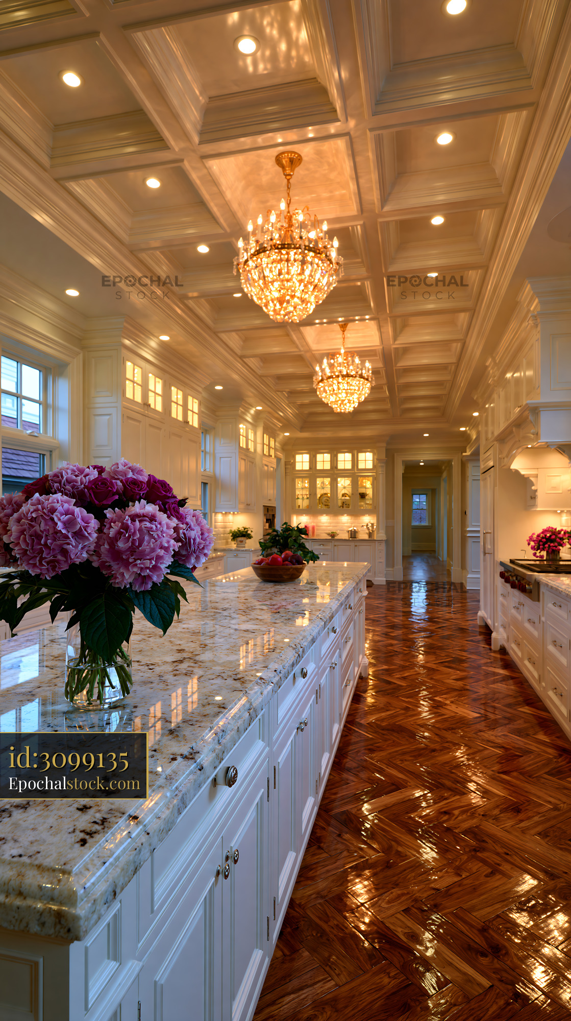 Classic Kitchen With Coffered Ceiling and Floral Centerpiece - stock photo