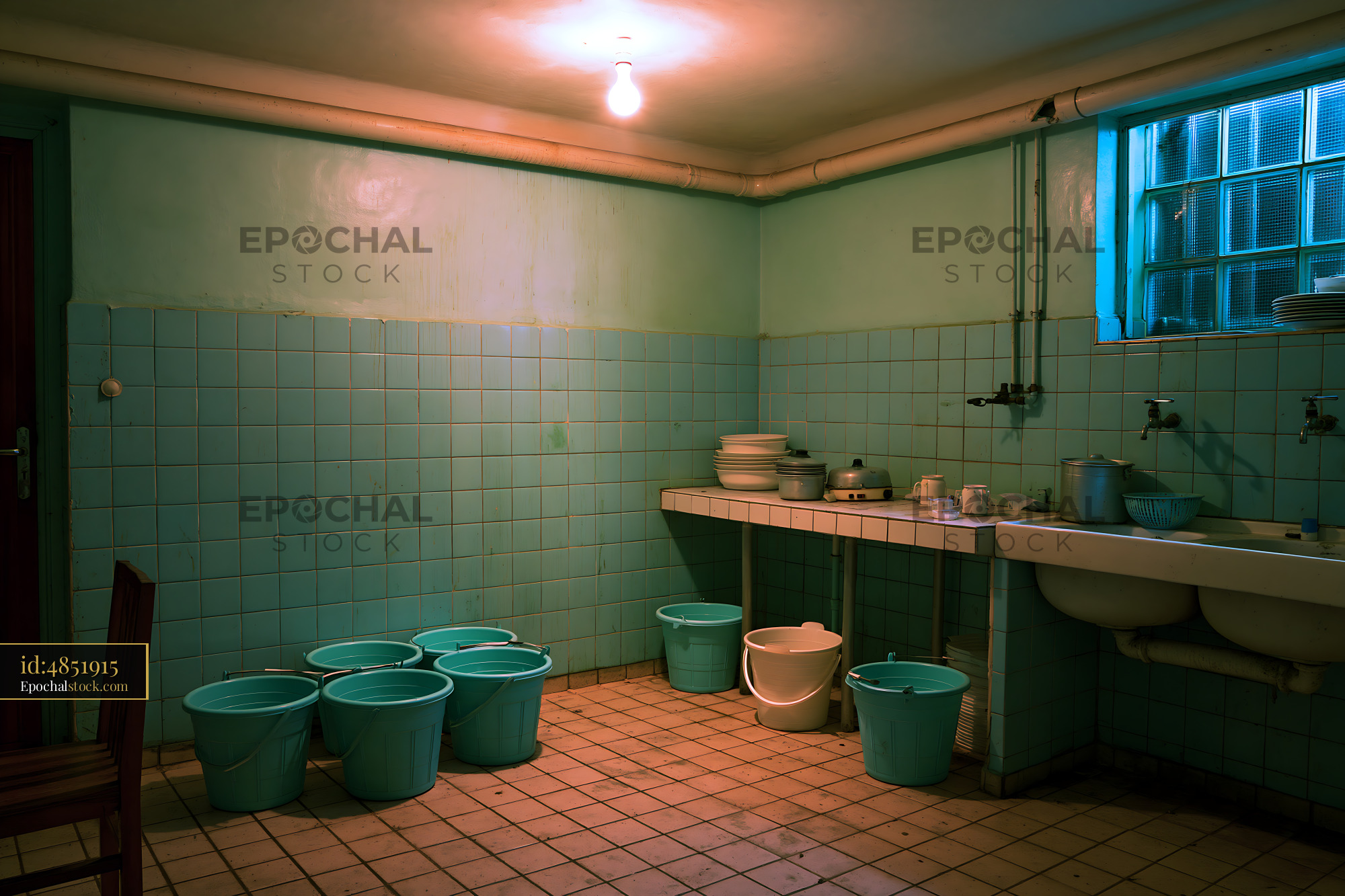 Watermarked full-resolution preview of Empty room with blue buckets and a sink