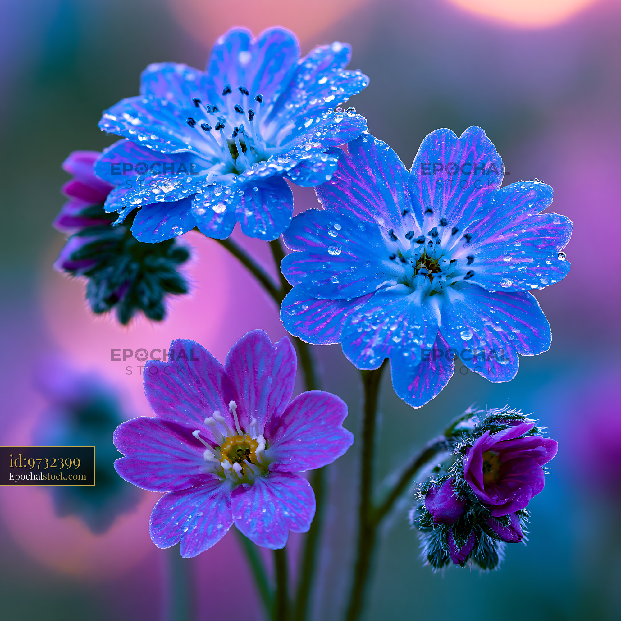 Colorful Flowers With Water Droplets Under Soft Light - stock photo
