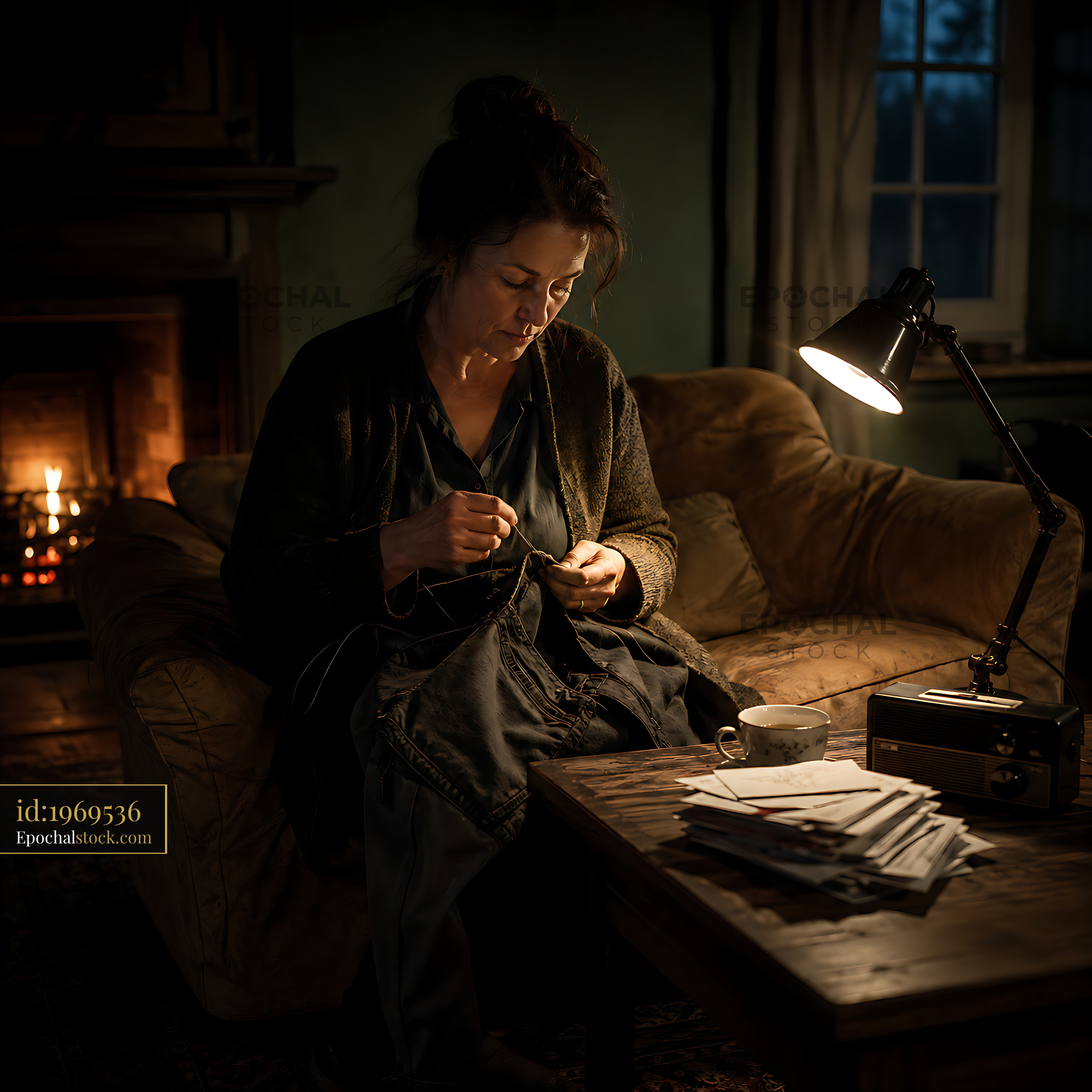 Watermarked full-resolution preview of Woman sewing while sitting in cozy living room at dusk
