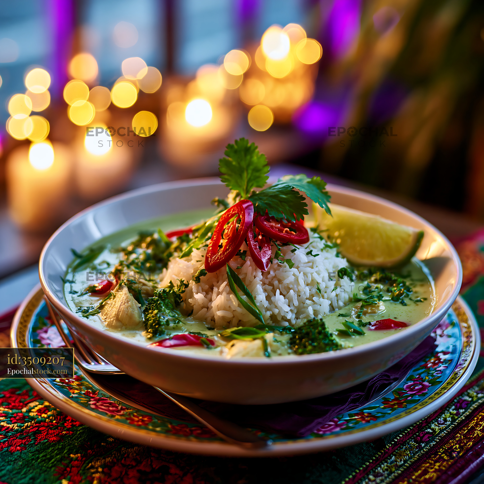 Watermarked full-resolution preview of Delicious bowl of rice with green curry and fresh herbs