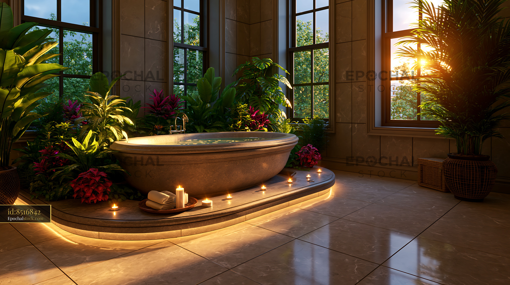 Watermarked full-resolution preview of Relaxing spa bath surrounded by greenery and natural light