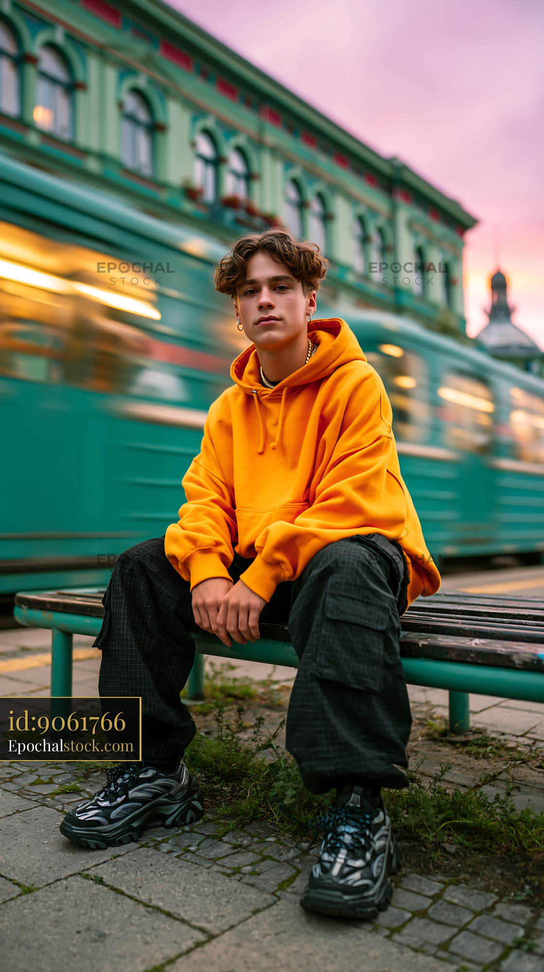 Watermarked full-resolution preview of Young person sitting on a bench with a tram in the background
