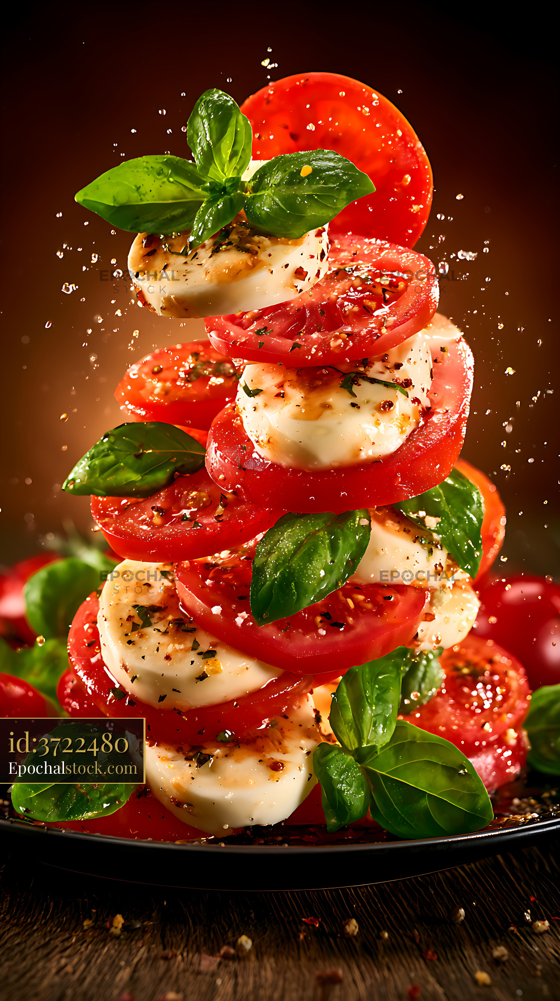 Watermarked full-resolution preview of Stacked tomato mozzarella salad with fresh basil