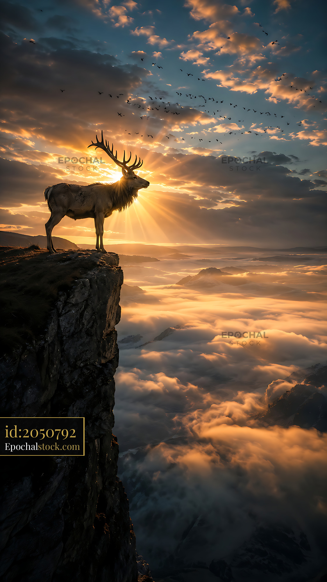 Deer Stands on Cliff Edge Against Sunset Over Clouds and Mountains - stock photo