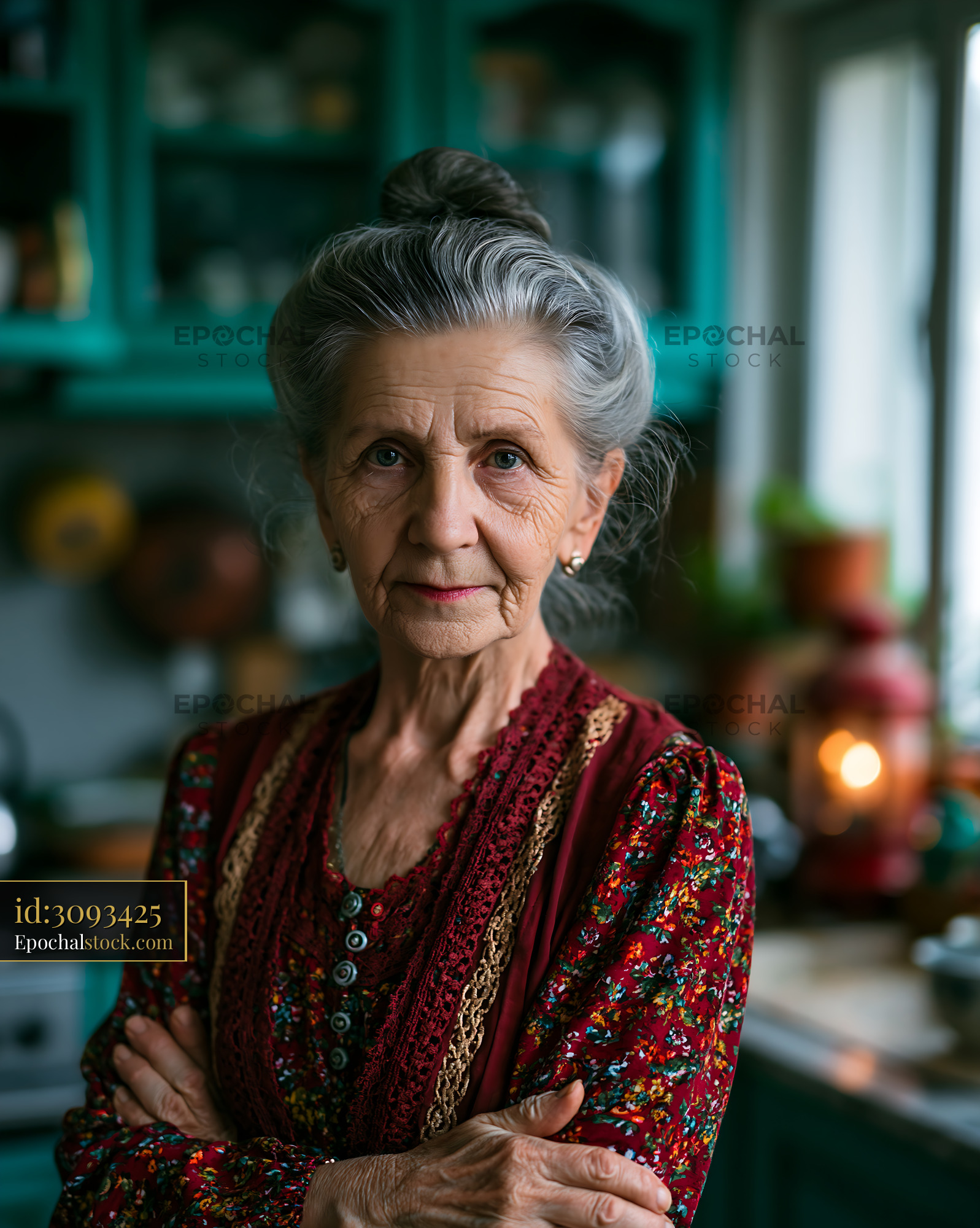 Elderly Woman Stands in a Vintage Kitchen With Arms Crossed - stock photo
