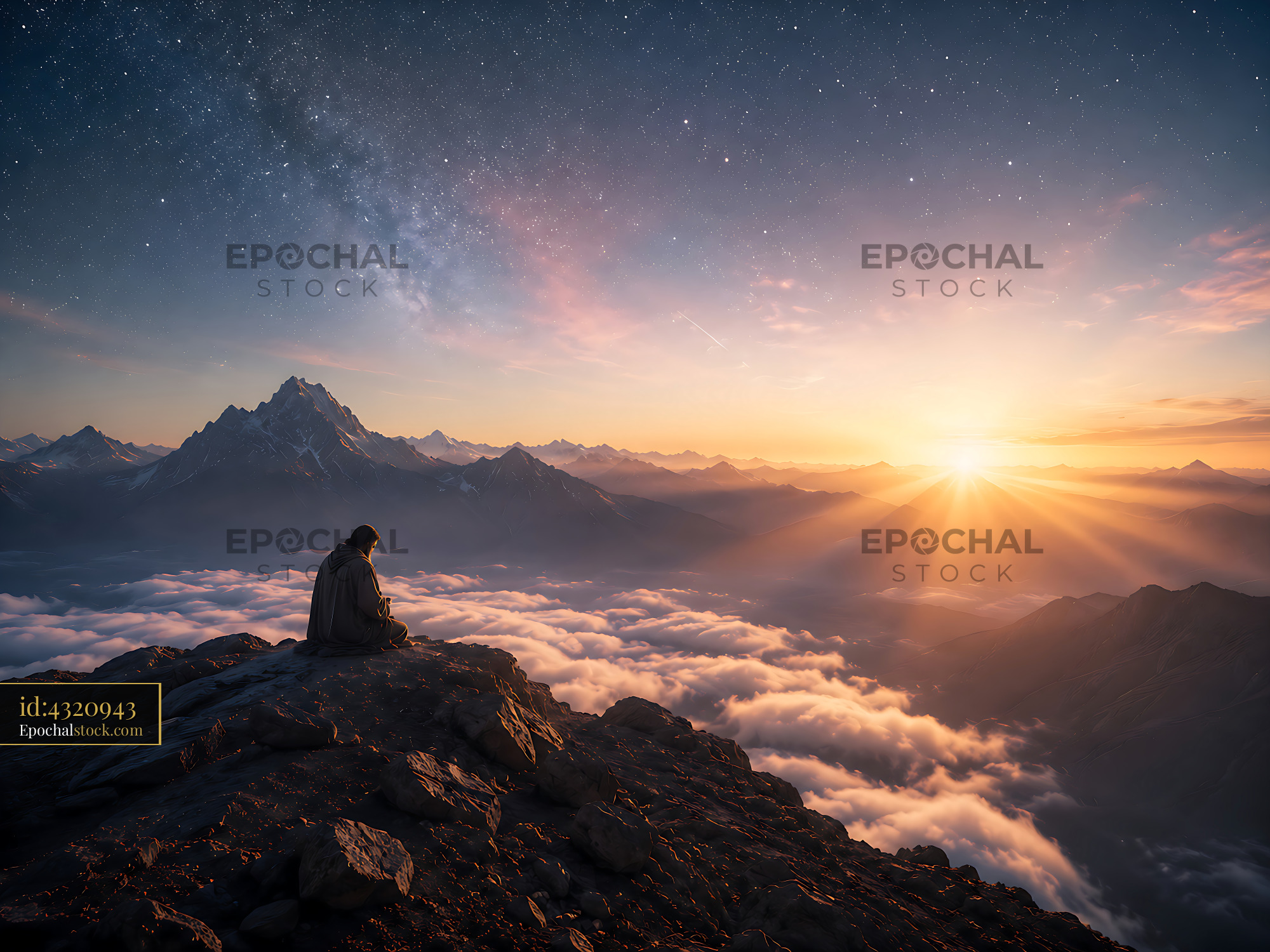 Watermarked full-resolution preview of Man sitting on mountain rock at sunrise over clouds