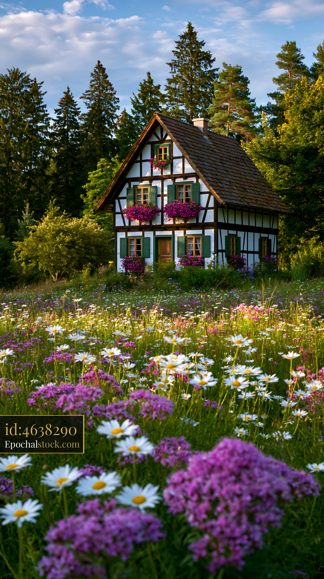 Watermarked full-resolution preview of House surrounded by flowers and trees in a forest area