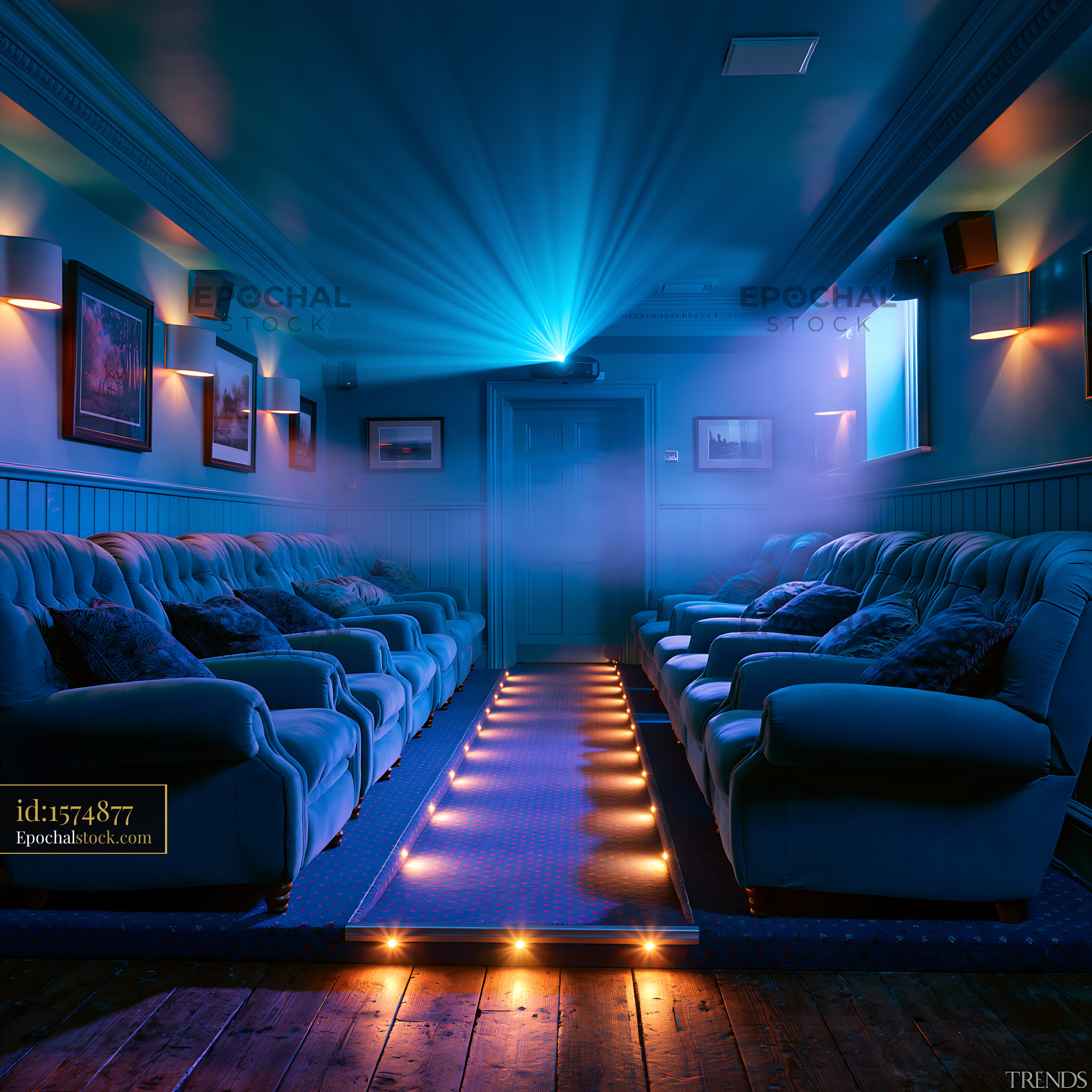 Watermarked full-resolution preview of Cozy home theater with blue lighting and comfortable seating