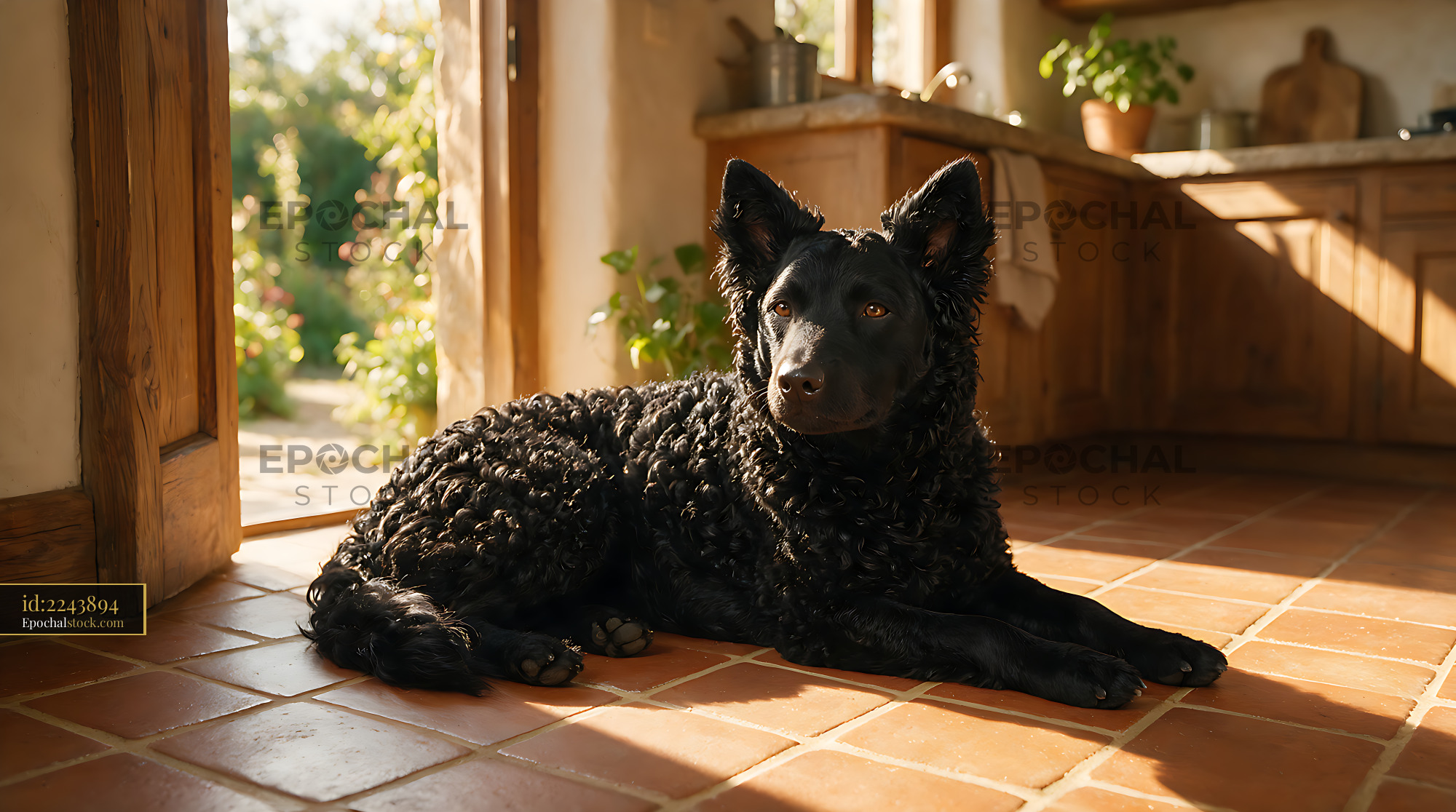 Watermarked full-resolution preview of Curly black dog relaxing in a sunlit rustic home