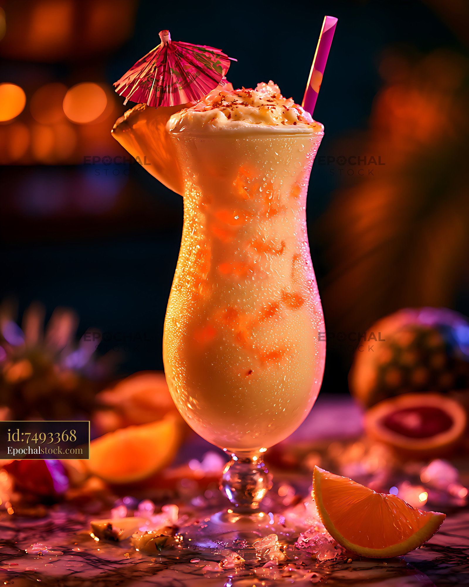 Watermarked full-resolution preview of Vibrant orange tropical cocktail with citrus garnish