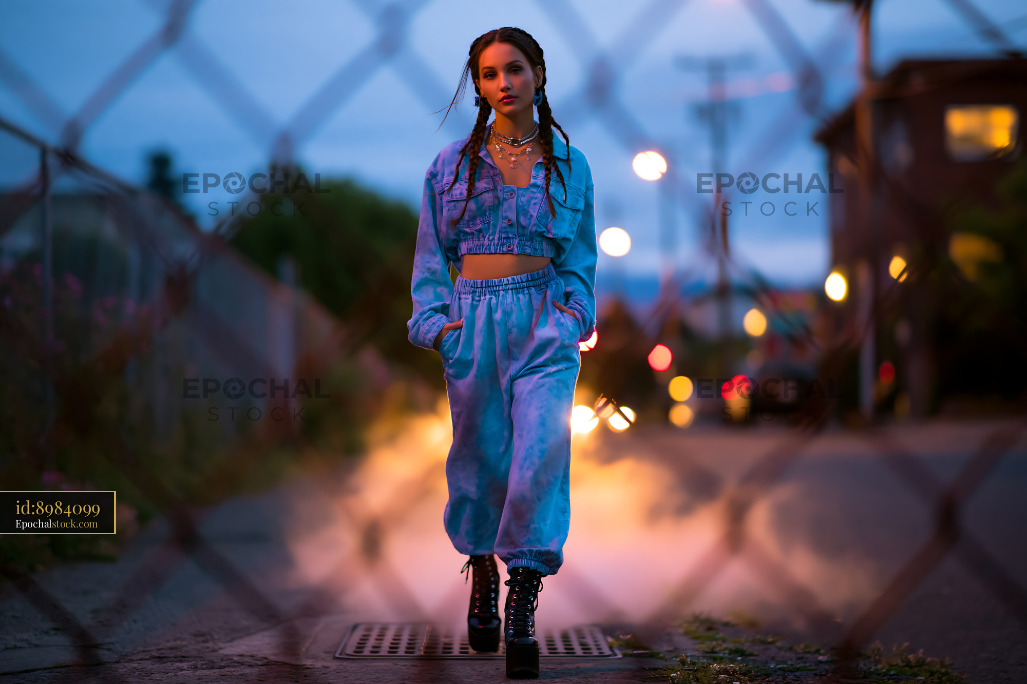 Watermarked full-resolution preview of Person walks on the street at night wearing blue outfit and high boots
