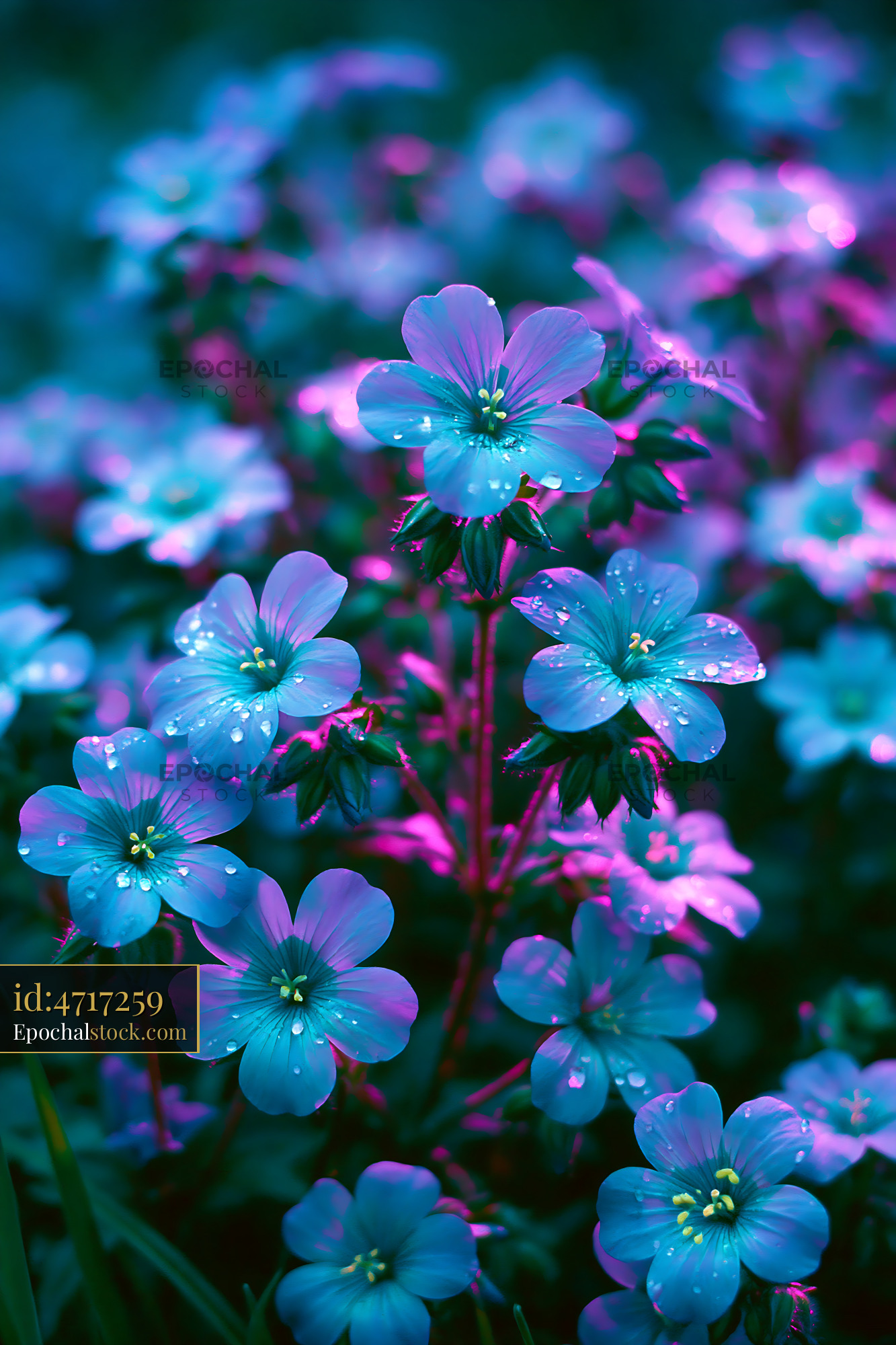 Watermarked full-resolution preview of Colorful flowers with dew in a garden at night