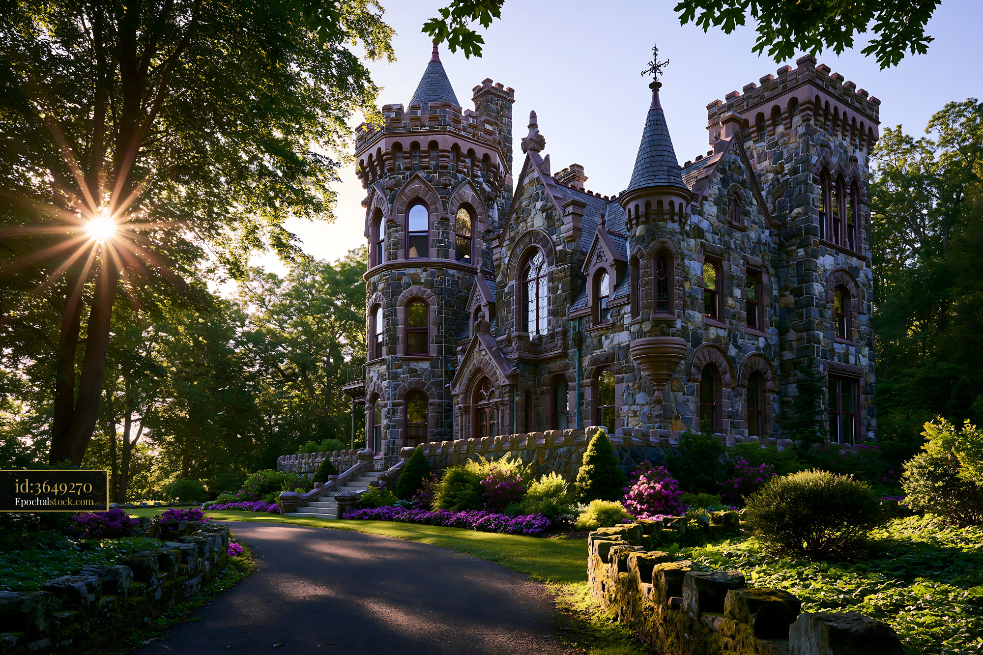 Watermarked full-resolution preview of Historic stone castle surrounded by trees and garden