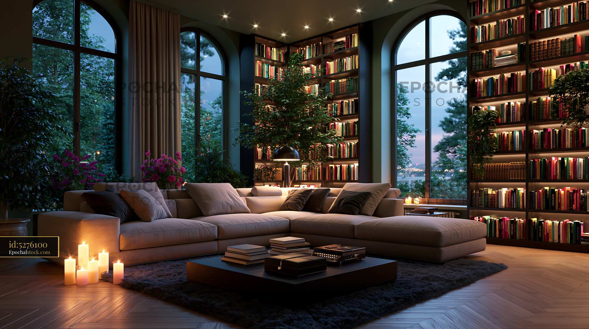Watermarked full-resolution preview of Cozy living room with bookshelves and candles at dusk