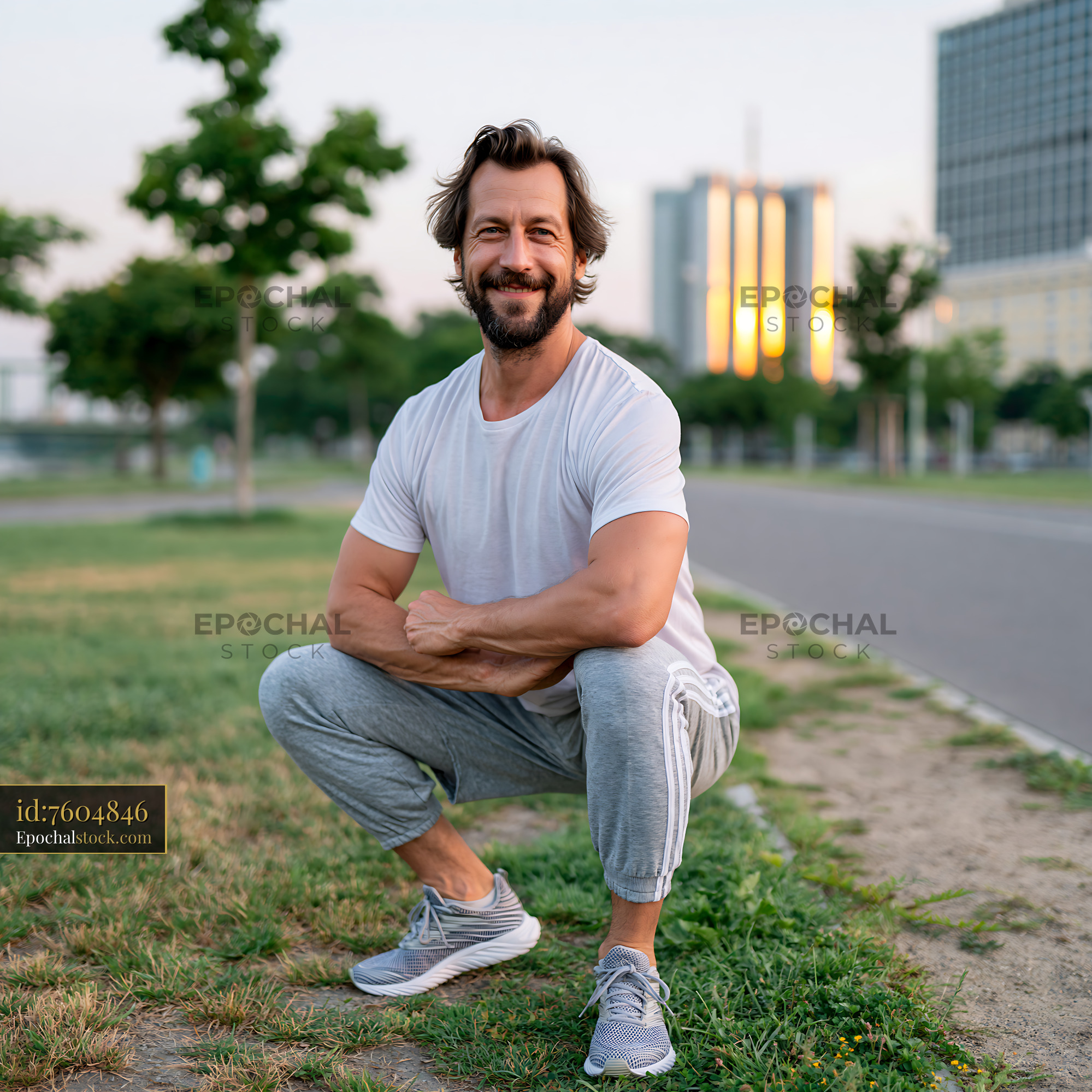 Watermarked full-resolution preview of Man squatting on green grass in city park during sunset