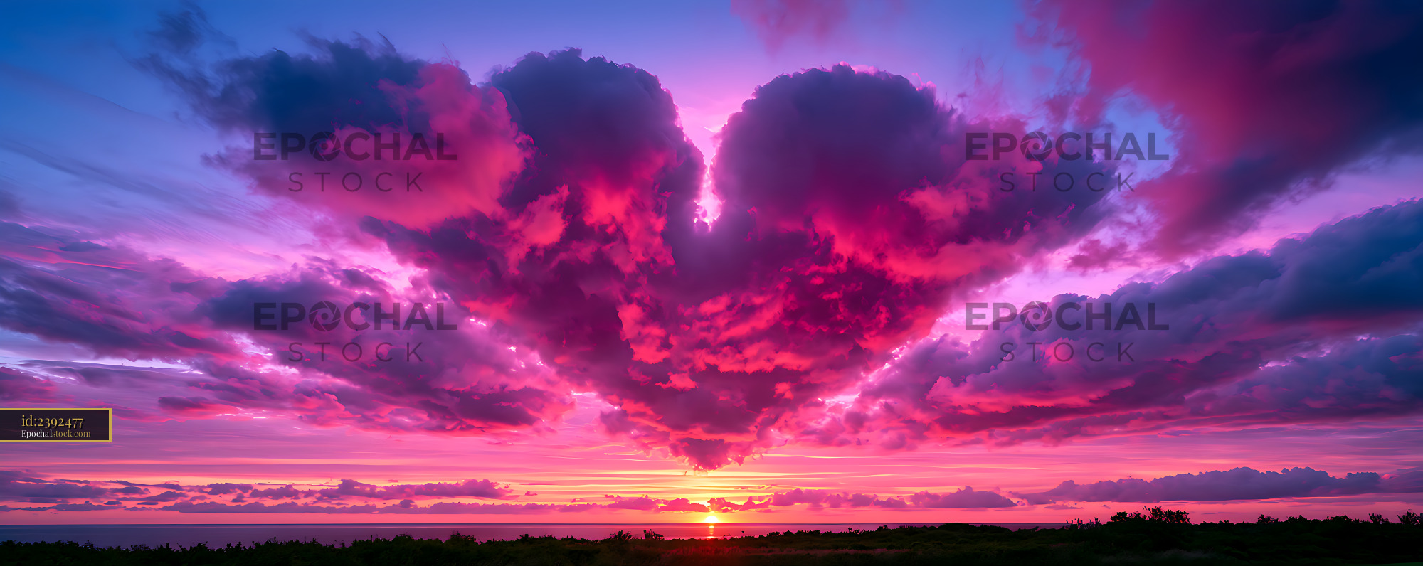 Watermarked full-resolution preview of Panoramic ocean sunset with vibrant purple and pink clouds
