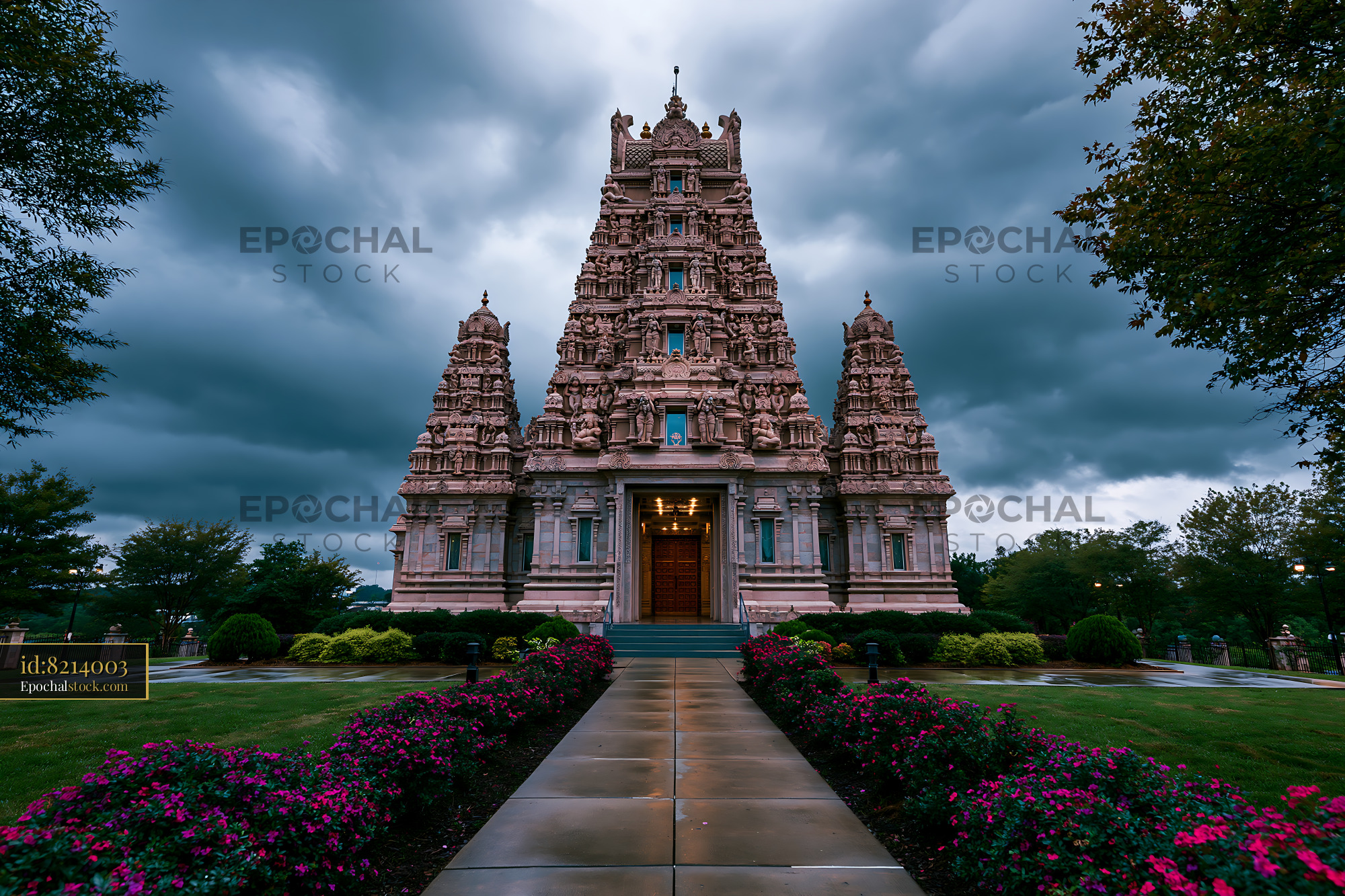 Watermarked full-resolution preview of Temple building in a garden under cloudy sky