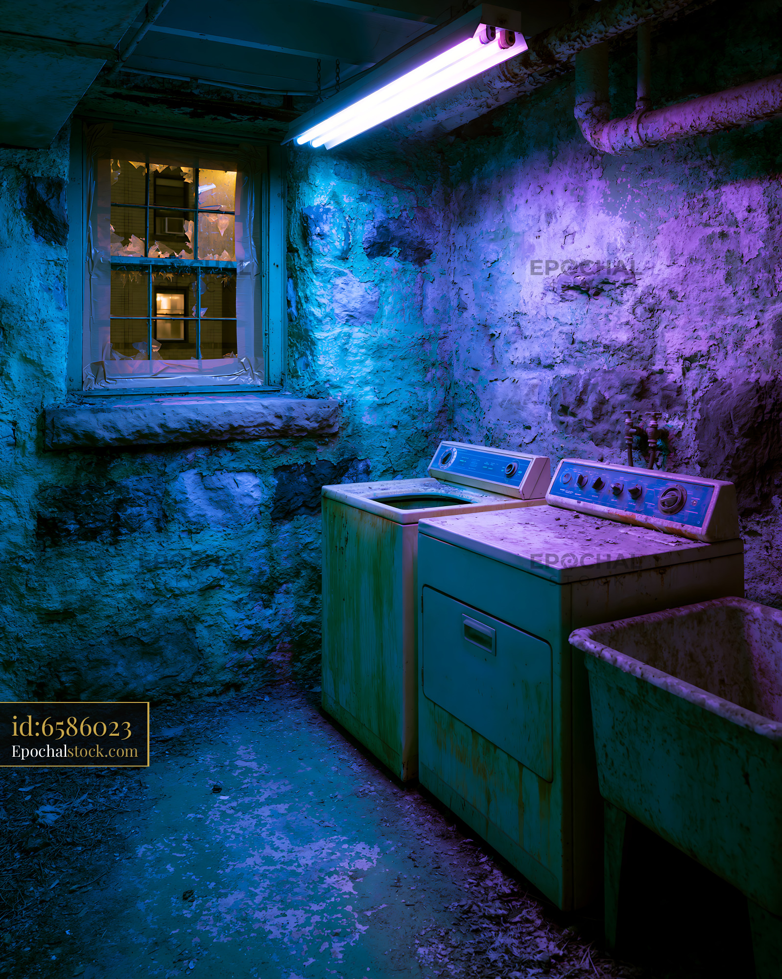 Watermarked full-resolution preview of Washing machines in an old basement with blue lighting